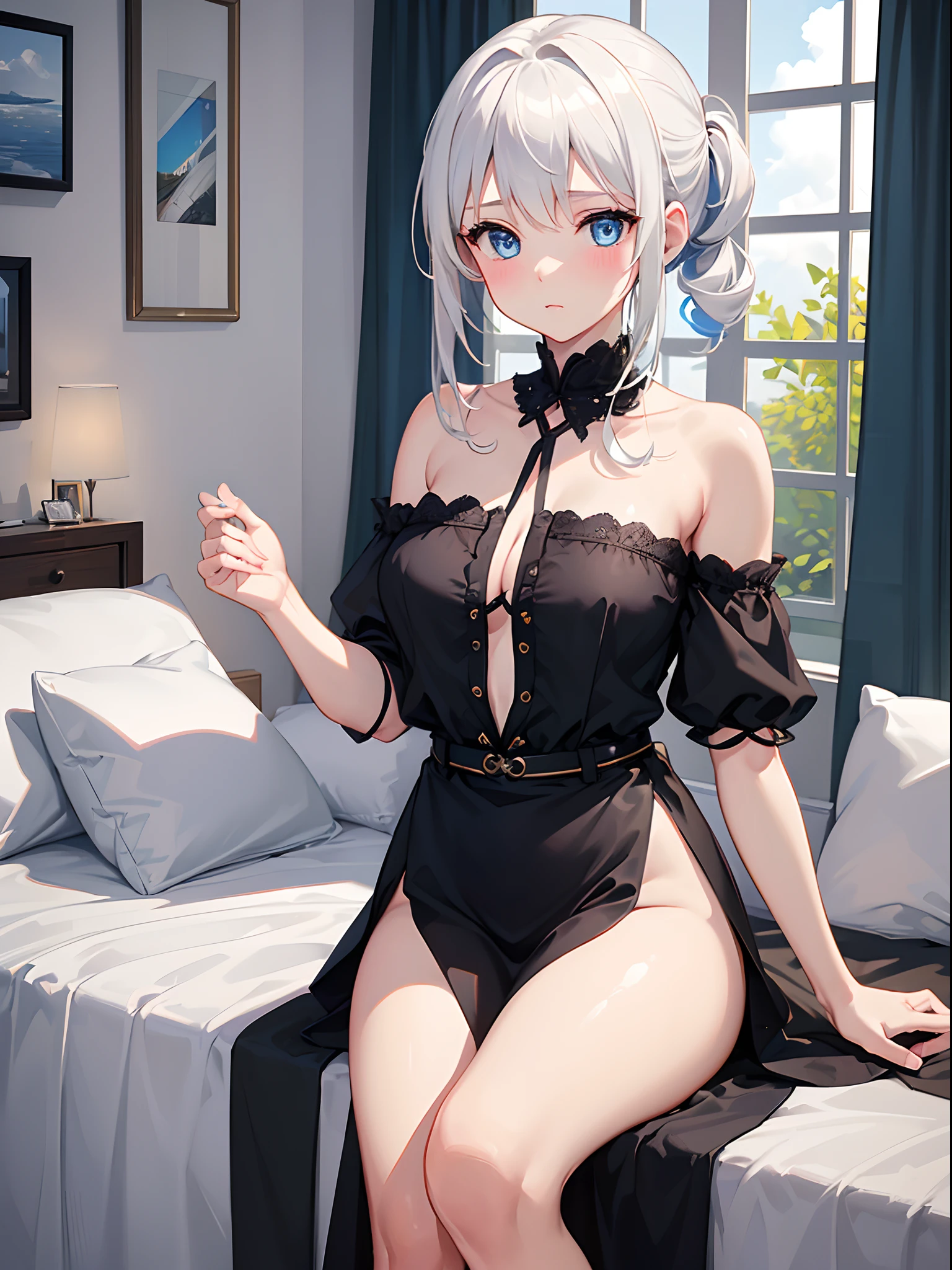 ((4K, ​master piece, Best Quality)), 1girl in, Medium White Hair, Beautiful sky blue eyes, Pony tail, cute roomwear, in room, at noon,  Cute, blush, medium breasts⁩
