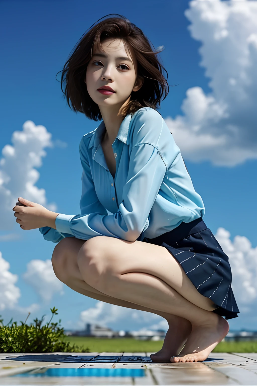 The perspective is from below,Realisticstyle，tmasterpiece，Need，1girll，brunette color hair，Blushlush，butterflys，hair adornments，a skirt，The barefoot，florals，hair adornments，middlebreast，Foliage，A plant，water puddles，Purple eye，short detailed hair，Squat，Toes，Eau，wetclothes, Blue fashion, ​​clouds, mostly cloudy sky, buliding, blue-sky, depth of fields,