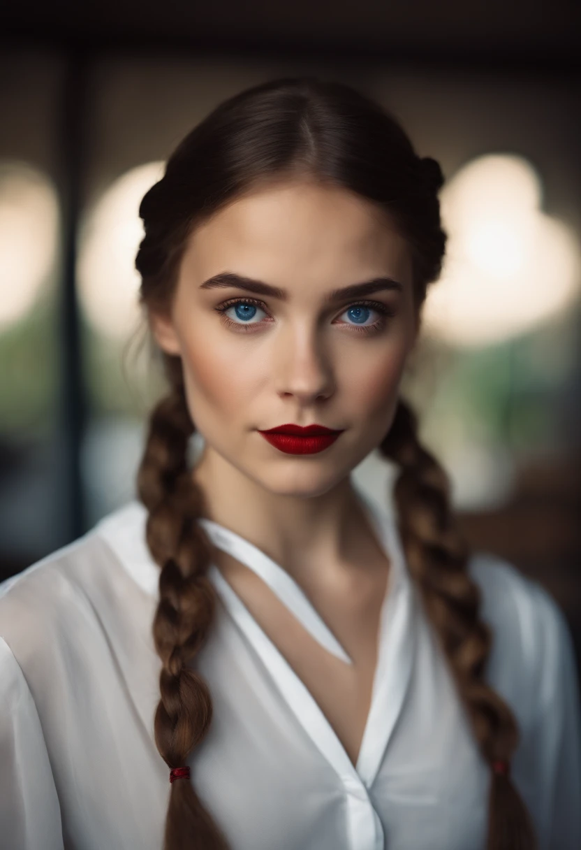 Portrait of a brown haired girl, shoulder length hair. two braided pigtails. blue eyes. bright red lipstick, black eyeshadow. white blouse with satin bow at neck.