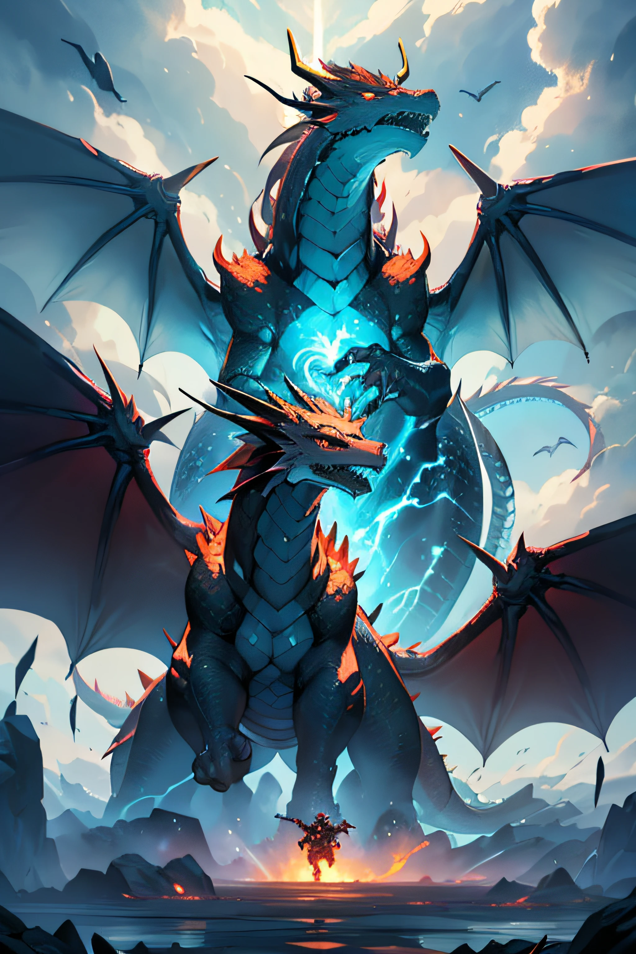 an epic dragon battle high in the skies, where two mighty dragons clash amidst stormy clouds, breathing fire and unleashing their power in a battle of mythical proportions.