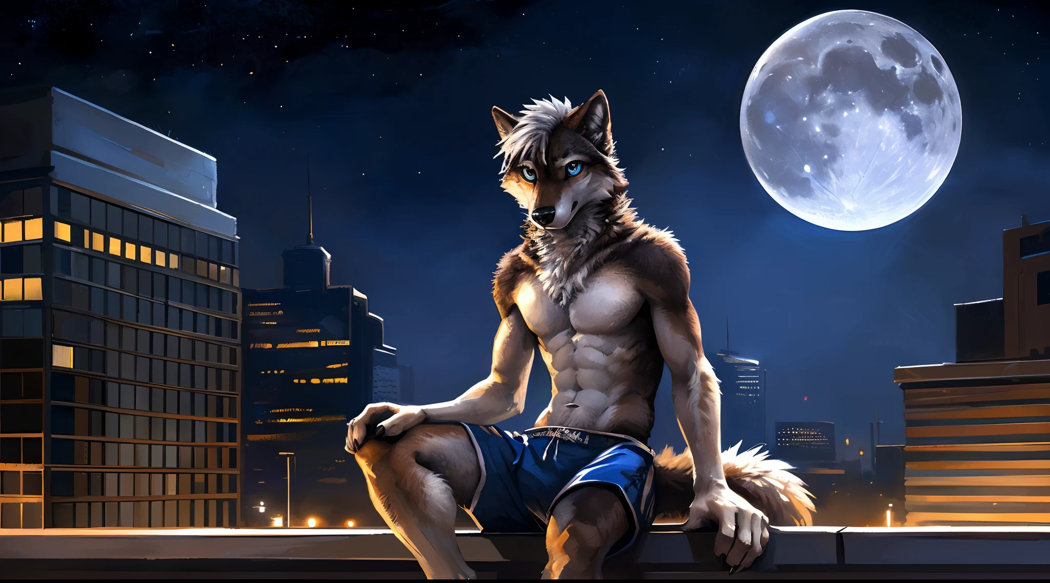 ((Solo)), male people, anthro wolf, (Multi-colored fur, White-brown:1.3), ((Wolf face, White hair, Big eyes, White eyelids, Blue pupil, Slim:1.2) (Tough, Calm expression:1.2)), Abs, Slim, pinging)), (Correct anatomy), (Work shorts:1.1), (Contour bone:1.2), The upper body is naked, (detailed outfits),A big tail,Feet,Long legs,(Realistic fur, Detailed fur texture, labeled:1.3)), (Natural lighting), Photorealistic, Hyperrealistic, ultradetailed, by Kenket,In the modern city,Roof roof,the night,Sit alone,Look at the full moon,It was dark,Starry