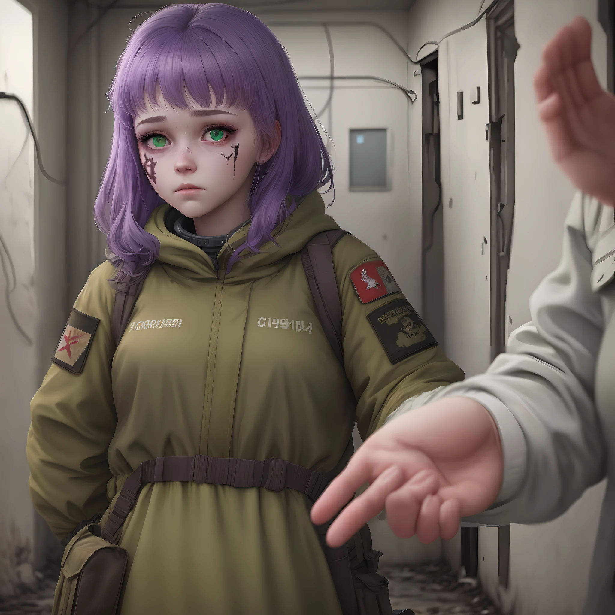 Girl in combenison, Chernobyl exclusion zone, S.T.A.L.K.E.R, purple hair, green eyes, scar above her left eyebrow, unarmed, five fingers on her left hand, five fingers on her right hand, sad.