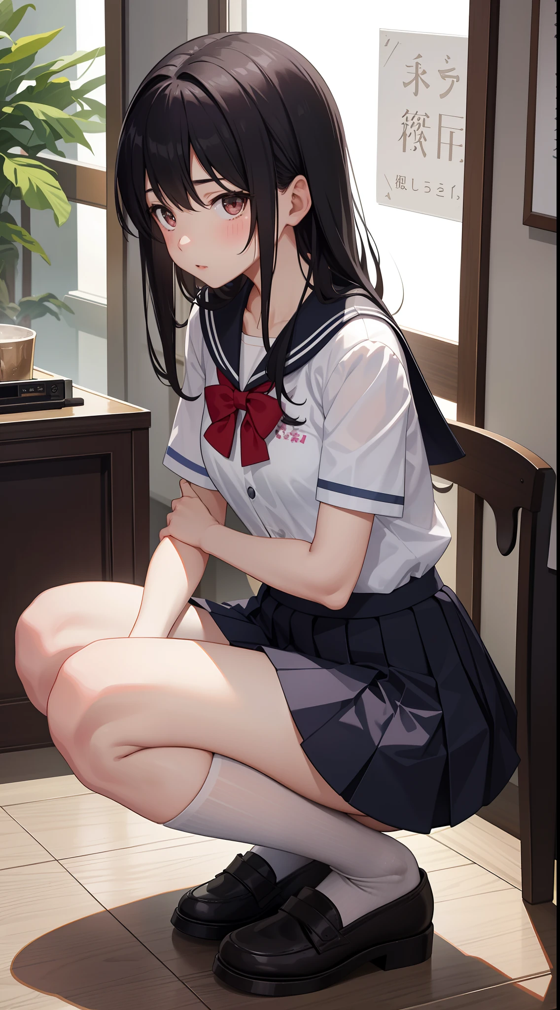 1girl in、AS-Adult、The shirt、skirt by the、（small tits）chilarism、Japanese high school uniform、serafuku、Summer clothing、（Sheer bra）、Upper body portrait、ventania、Squat board、