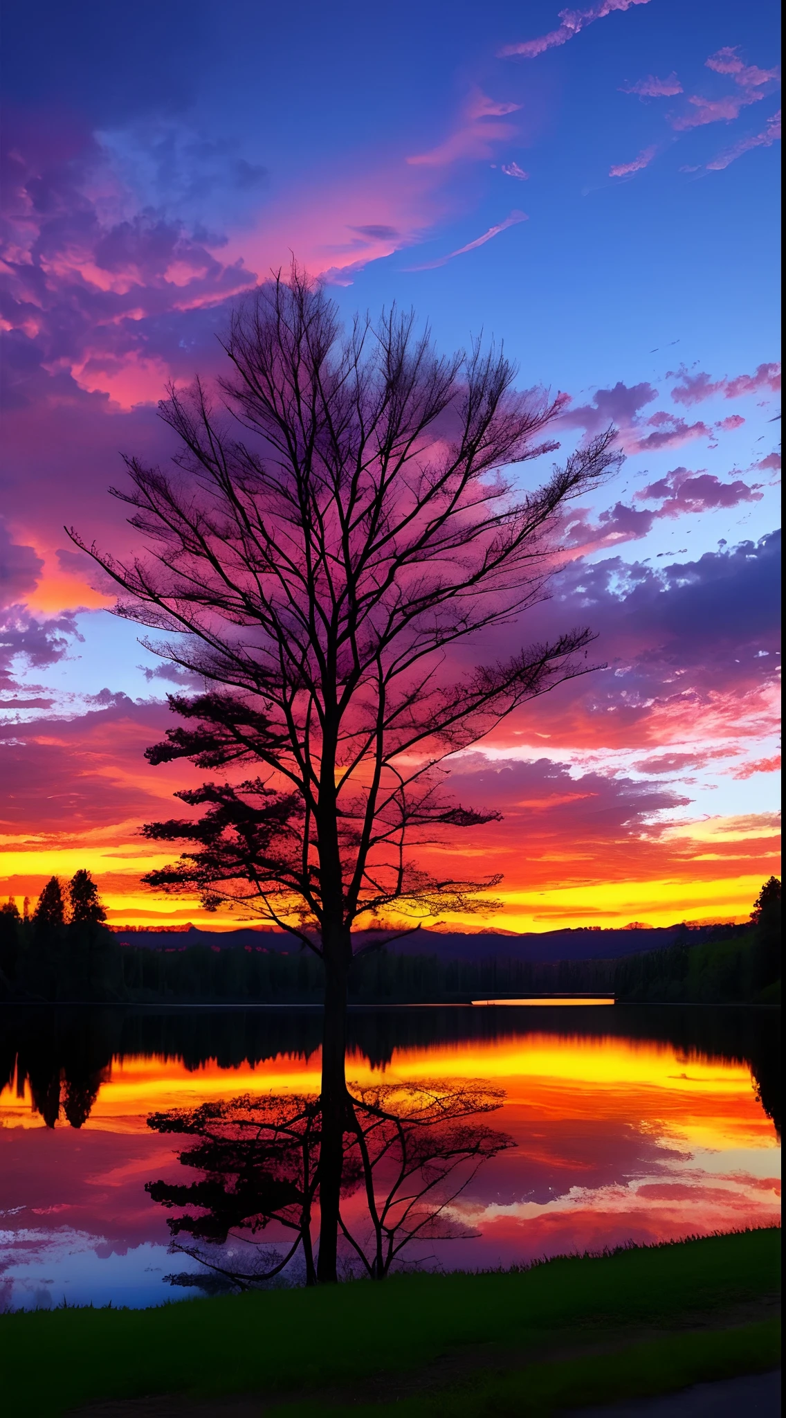 there is a beautiful sunset with a lake and trees in the background, colorful skies, surreal colors, colorful sunset, colorful sky, marvellous reflection of the sky, stunning sky, dream like atmosphere 8k, colorful clouds, colors reflecting on lake, surreal sky, red and blue reflections, fire reflection, beautiful sky, beautiful and spectacular dusk, beautiful dreamy landscape, amazing sky