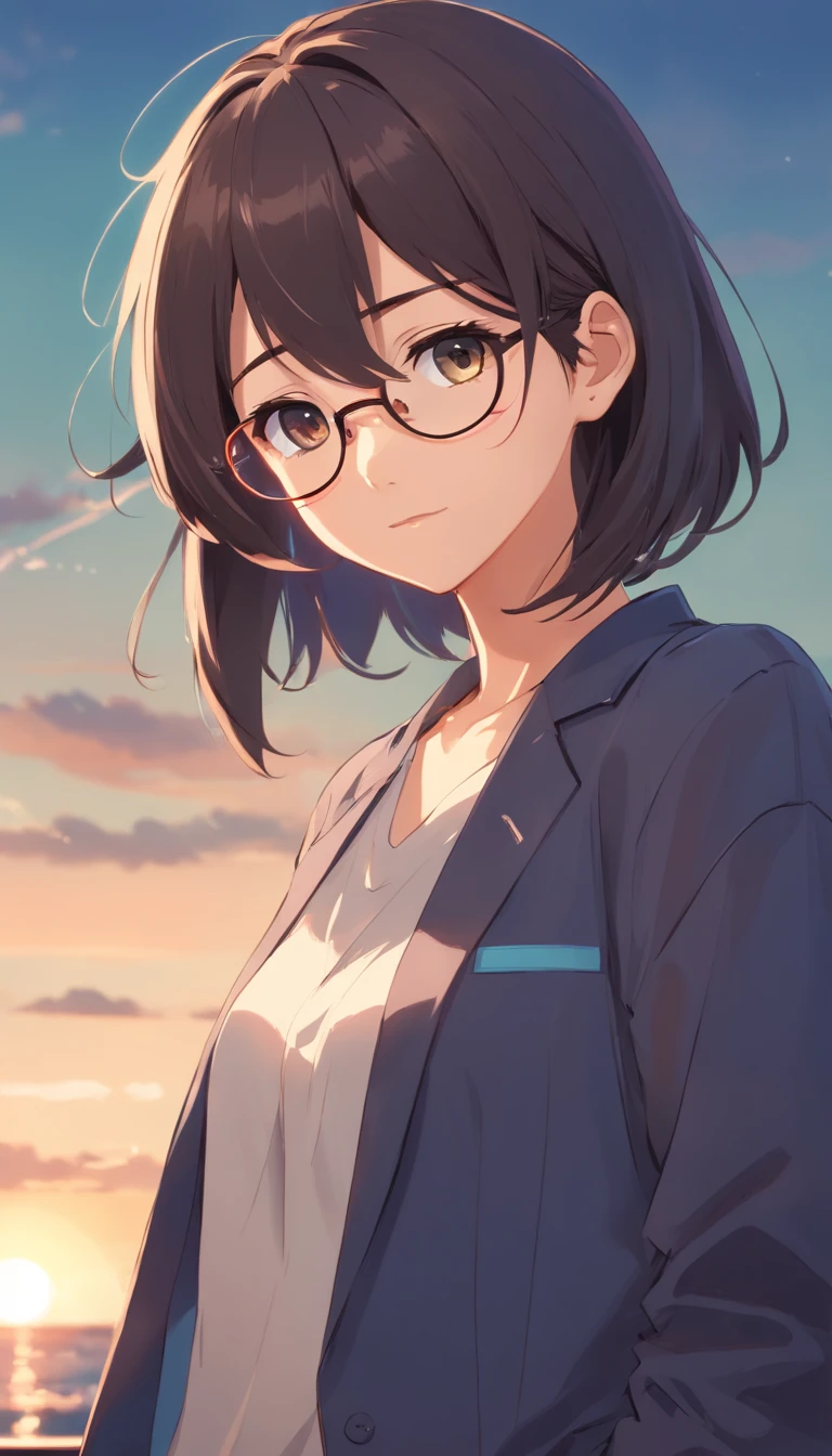 for 6 years old，Libido boy，Shota，Black color hair，Square glasses，gloomily，Contemplative，black black jacket，White color blouse，Short long hair，with long bangs，messed up hair，Without background，sketching，In the room