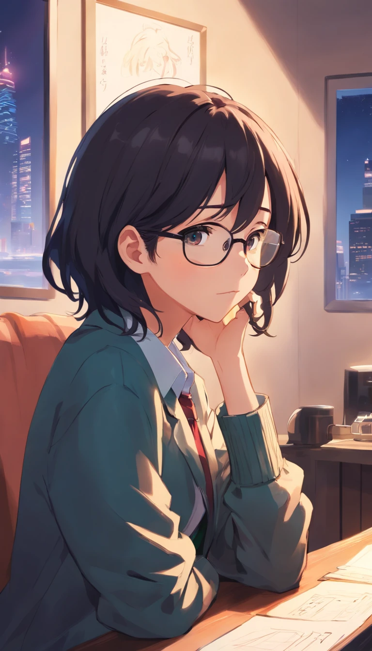 for ,Libido boy,Shota,Black color hair,Square glasses,gloomily,Contemplative,black black jacket,White color blouse,Short long hair,with long bangs,messed up hair,Without background,sketching,In the room