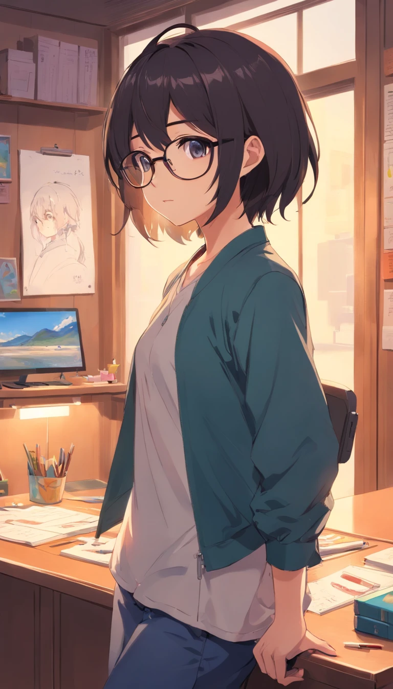 for 6 years old,Libido boy,Shota,Black color hair,Square glasses,gloomily,Contemplative,black black jacket,White color blouse,Short long hair,with long bangs,messed up hair,Without background,sketching,In the room