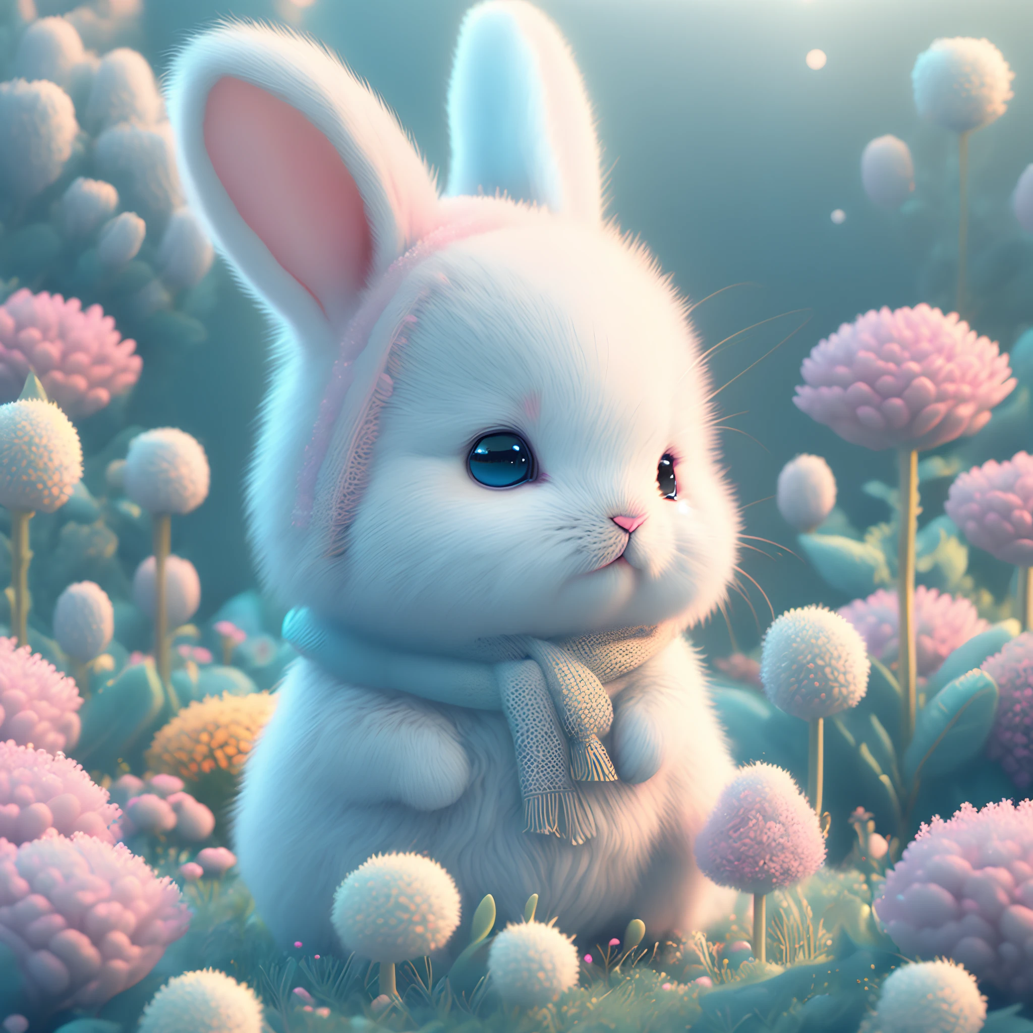 In this ultra-detailed CG art, cute little bunny surrounded by flowers, soft neon colors, best quality, high resolution, intricate details, fantasy, cute animals