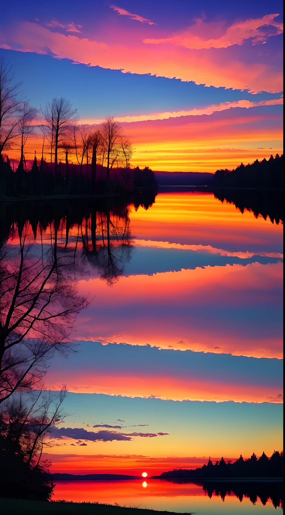 there is a beautiful sunset with a lake and trees in the background, colorful skies, surreal colors, colorful sunset, colorful sky, marvellous reflection of the sky, stunning sky, dream like atmosphere 8k, colorful clouds, colors reflecting on lake, surreal sky, red and blue reflections, fire reflection, beautiful sky, beautiful and spectacular dusk, beautiful dreamy landscape, amazing sky