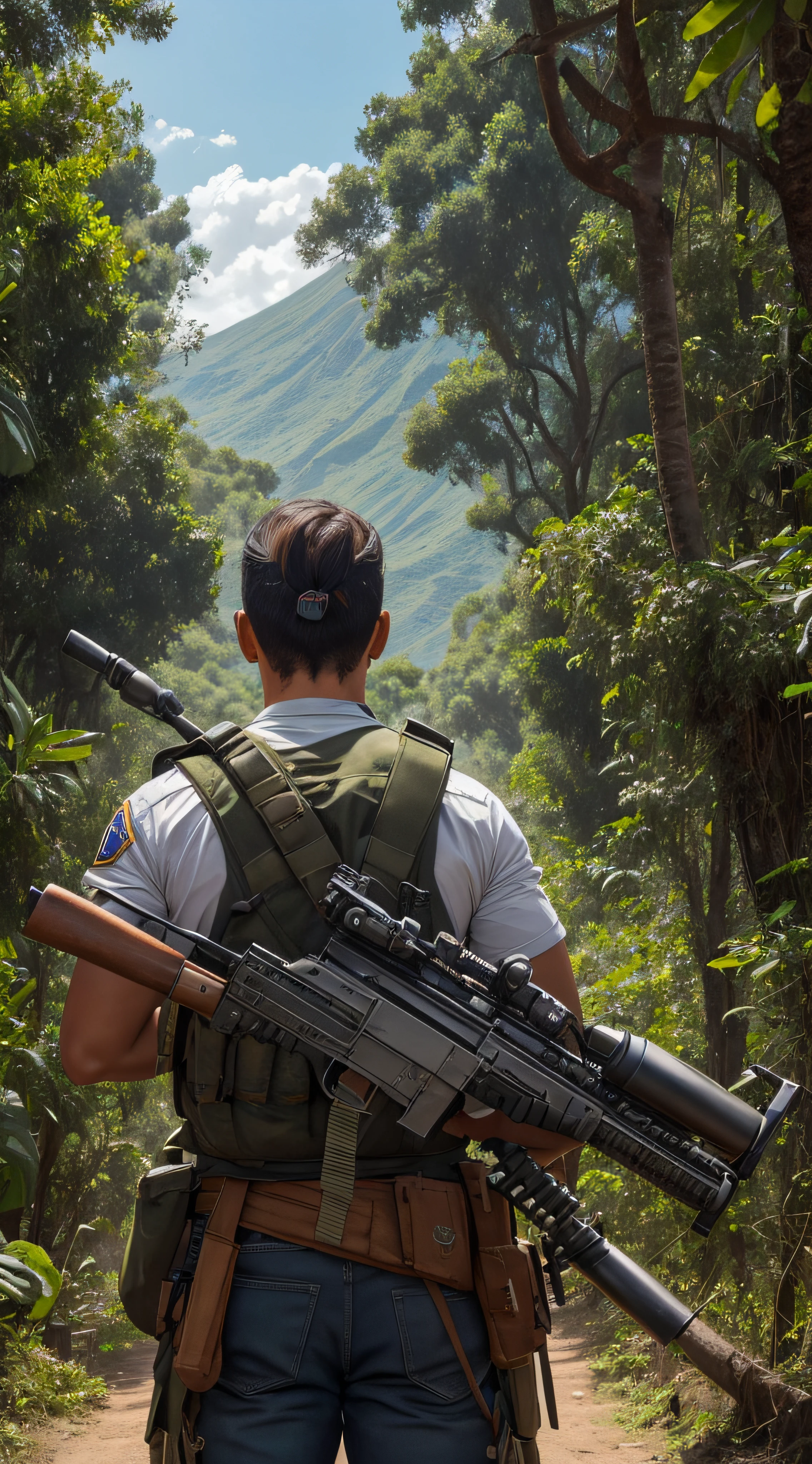 (extremadamente detallado, obra maestra, La mejor calidad, foto antigua, principios de siglo, VHS Aesthetics) Soldado con una armadura tecno. Armas grandes, cannons on his back. motosierras. pieles de animales. In the middle of a strange jungle. Vegetables from another dimension. Epic flowers far away, organic trees with meat. Luz noche.