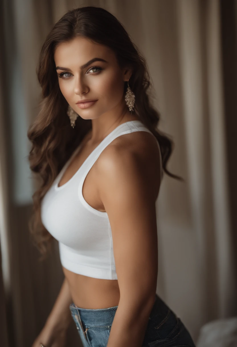 Arafed woman with a white tank top and necklace, fille sexy aux yeux verts, Portrait de Sophie Mudd, cheveux bruns et grands yeux, selfie d'une jeune femme, Yeux de chambre, violette myers, sans maquillage, maquillage naturel, regarder directement la caméra, Visage avec Artgram, Maquillage subtil, Superbe photo du corps entier, yeux verts perçants, Bel angle, pose attrayante, fille mignonne, pose sexy, Image du corps entier, corps entier, Prise de vue du corps entier, Brown Goddess, high detail, pose satisfaite, Pantalon en cuir