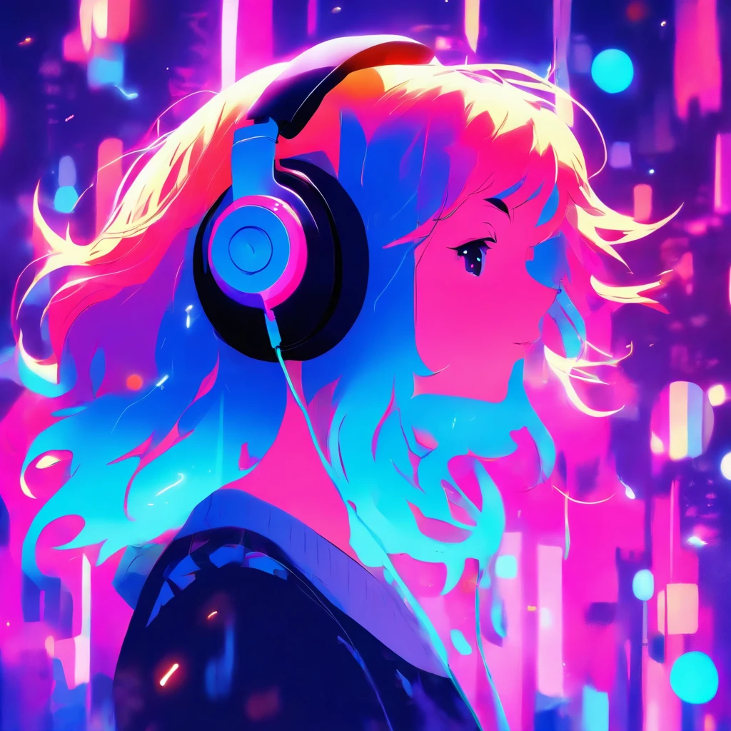 1girl listening to music with earphones,flat illustration