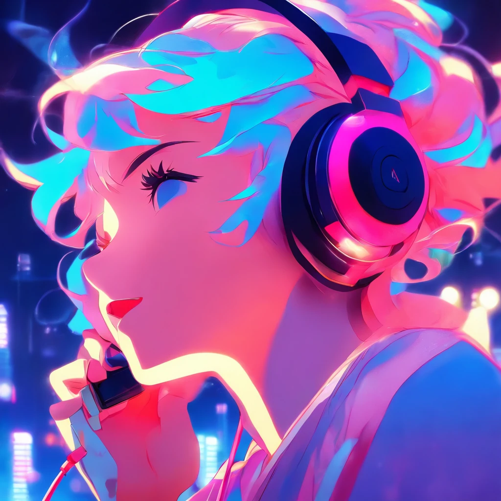 1girl listening to music with earphones,flat illustration