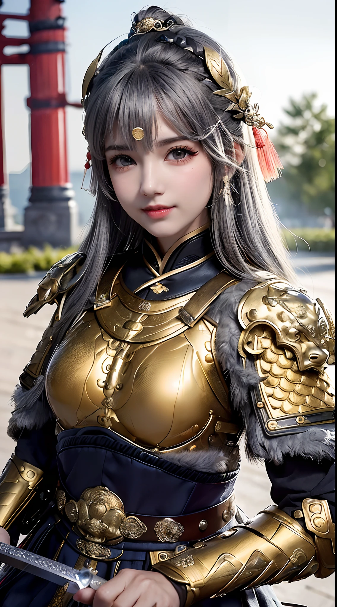 ((medium bSymmetrical, high-detail original color photo professional close-up, [ : (high-detail face: 1.2) : 0.1] , (PureErosFace v 1:0.8) , ((body portrait)), pores, real skin,  hair band, flying hair, (grey hair 0.4) , ancient headdress, hairpin, smile, affectionate eyes, sparkling eyes, beautiful scene, shadow, Backlight, natural light, obscurity Lens, hard focus, film particles, shooting photos, portrait photos,zskuijia,Chinese armor,sword, Chinese architecture,Circle, Totem, Mythical Animals,Breastplate