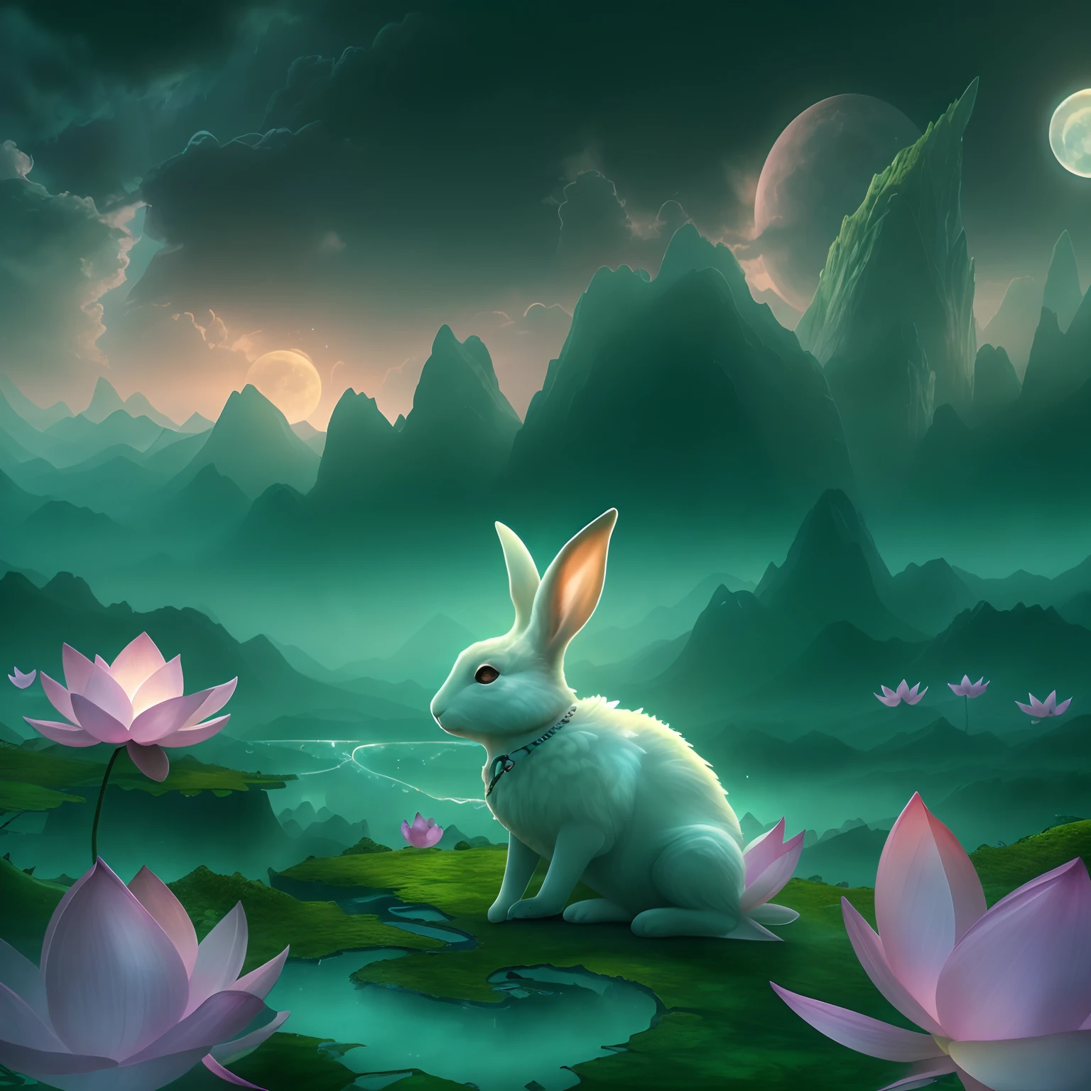 Huge Full Moon，Translucent ethereal animal rabbit，lotus flower，Lotus leaf，Green mountains in the distance，Mist landscape，tmasterpiece，high qulity，UHD resolution，Reasonable composition，16k,hyperrealistic fantasy art，photography of：Brandon Woelfelmist，Surreal dreams，dyna，lute，hdr，Surrealist art fantasy style，Epic digital fantasy art style，Beautiful sci-fi art, Science-fi digital art illustration,science fiction digital painting, futuristic digital painting, futuristic concept art, Sci-fi green mountain landscape in front, science fiction digital art, Fantastic transparent ethereal freedom，Epic, Beautiful dream art，Epic digital dream art illustration