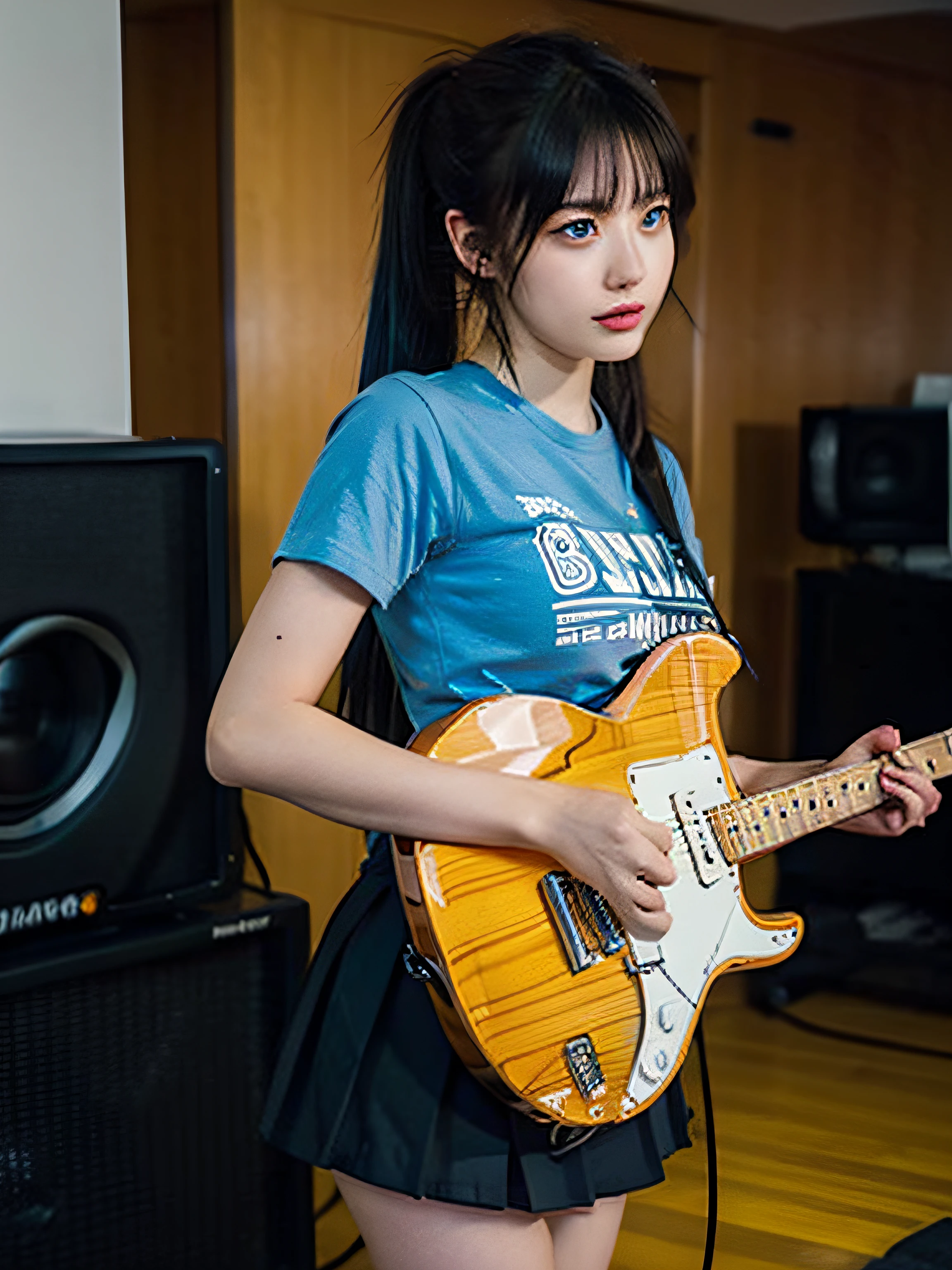 top-quality、8k picture、((masutepiece, Best Quality))1girl in, Solo, Black Dress, Blue eyes, electric guitar, Guitar, headphones, double ponytails, Holding, holding plectrum, musical instrument, Long hair, Music, One side up, Teal Hair, Twin-tailed, playing guiter, Pleated skirt, Black shirt, interiors