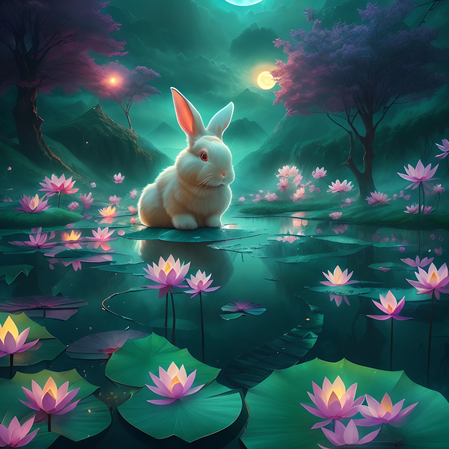 Huge Full Moon,Translucent ethereal animal rabbit,lotus flower,Lotus leaf,Green mountains in the distance,Mist landscape,tmasterpiece,high qulity,UHD resolution,Reasonable composition,16k,hyperrealistic fantasy art,photography of:Brandon Woelfelmist,Surreal dreams,dyna,lute,hdr,Surrealist art fantasy style,Epic digital fantasy art style,Beautiful sci-fi art, Science-fi digital art illustration,science fiction digital painting, futuristic digital painting, futuristic concept art, Sci-fi green mountain landscape in front, science fiction digital art, Fantastic transparent ethereal freedom,Epic, Beautiful dream art,Epic digital dream art illustration