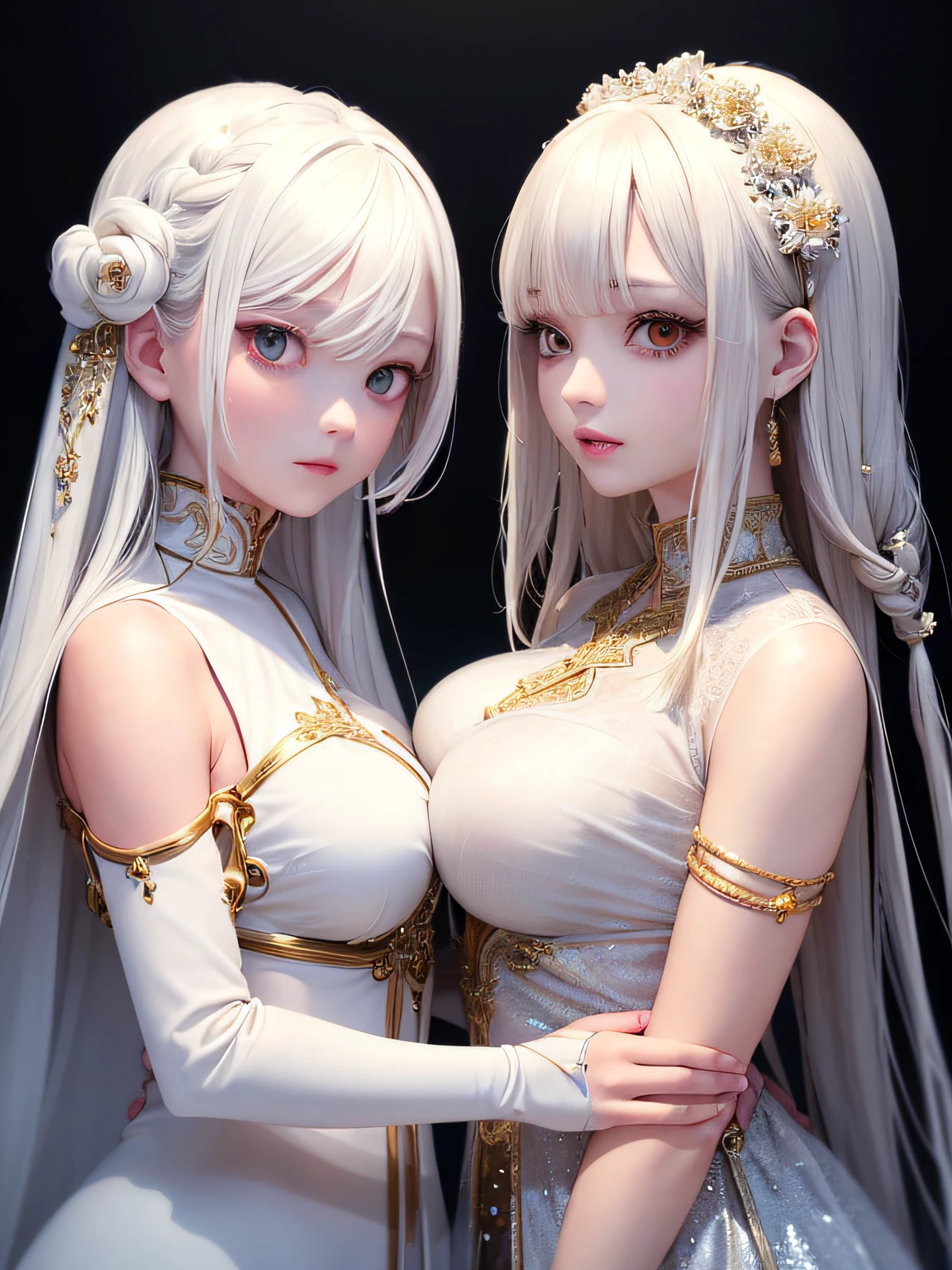 Two Girls、Beautiful breasts、Two people side by side、Symmetrical Configuration，white Tone，white，Sexy Girls ，，，white Hair，white髪、your、