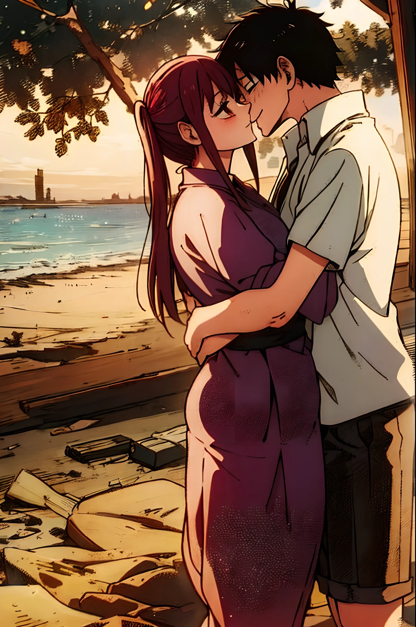 makima, luffy, couple, husband and wife, lovey dovey couple being happy in picnic, hug,kiss