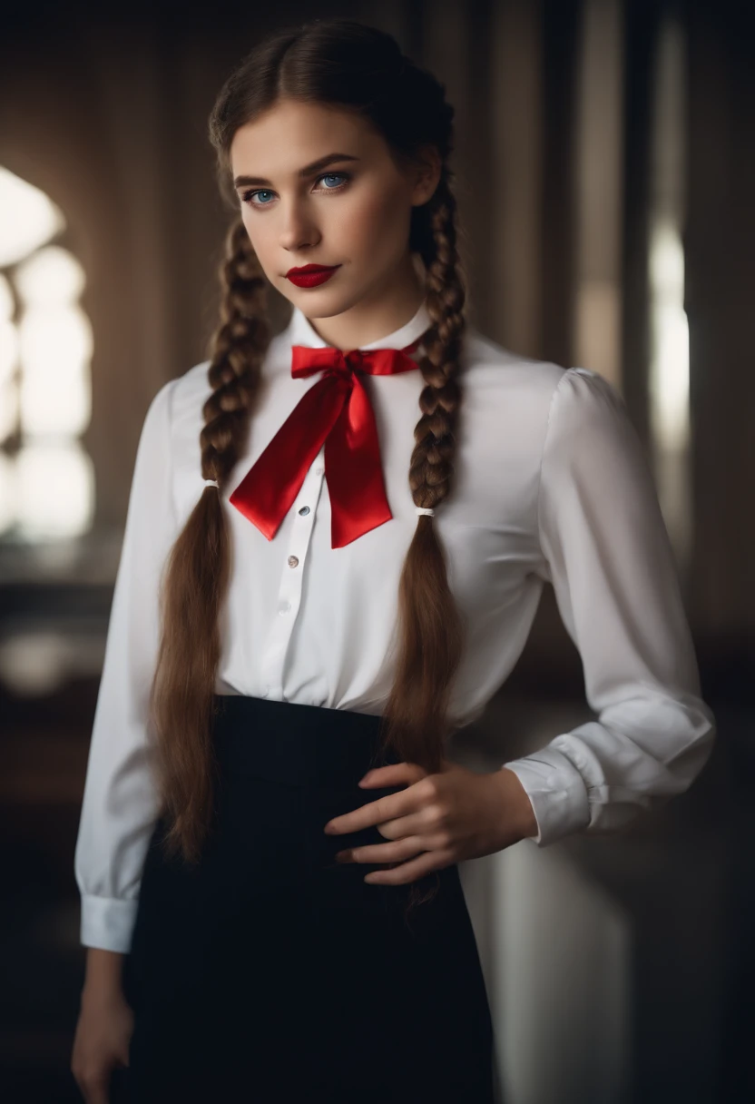 Portrait of a brown haired girl, shoulder length hair. two braided pigtails. blue eyes. bright red lipstick, black eyeshadow. white blouse with satin bow at neck.