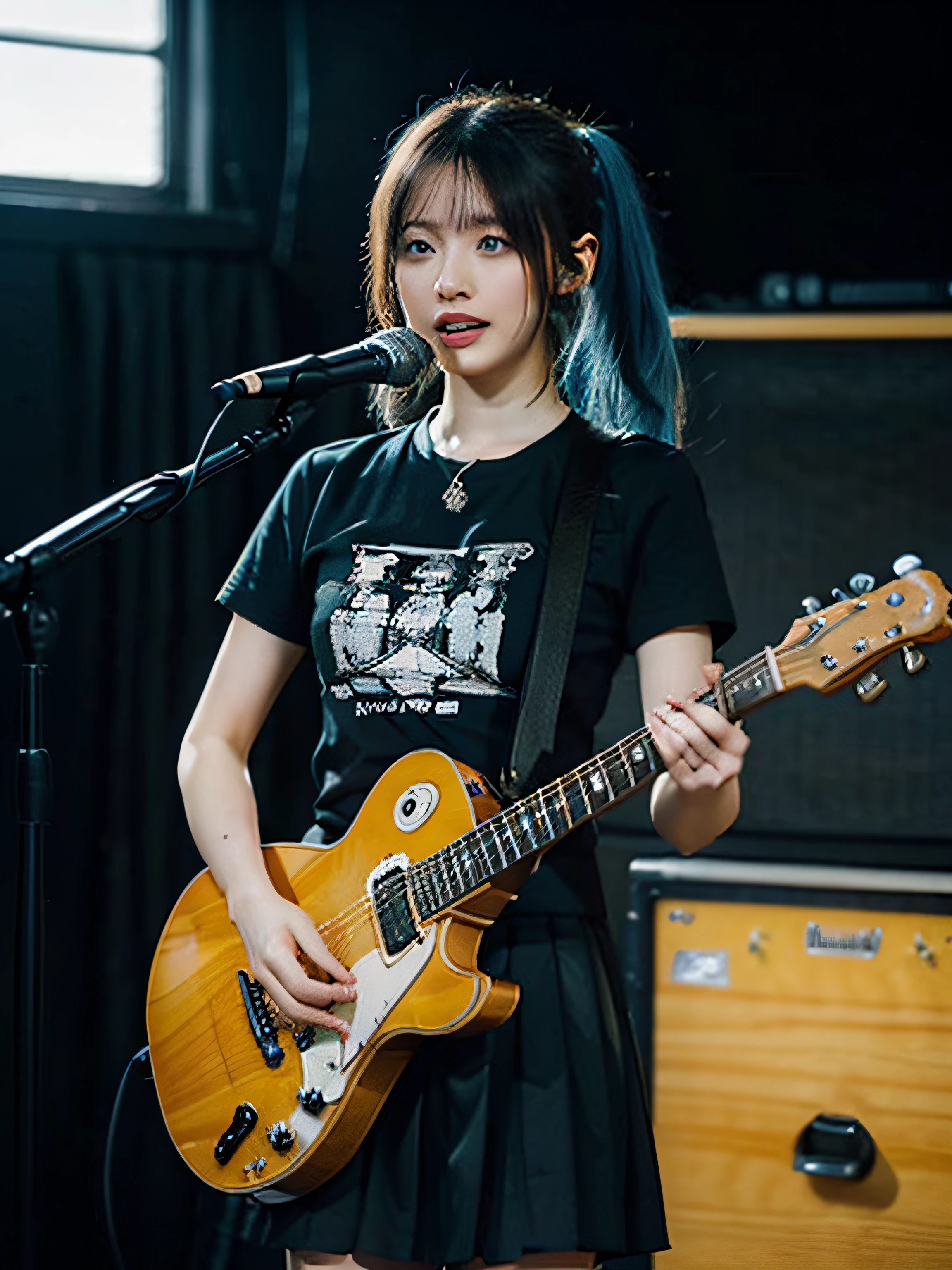 masterpiece, best quality,1girll,a cyborg, cyberpunk woman playing an electric guitar,on a stage