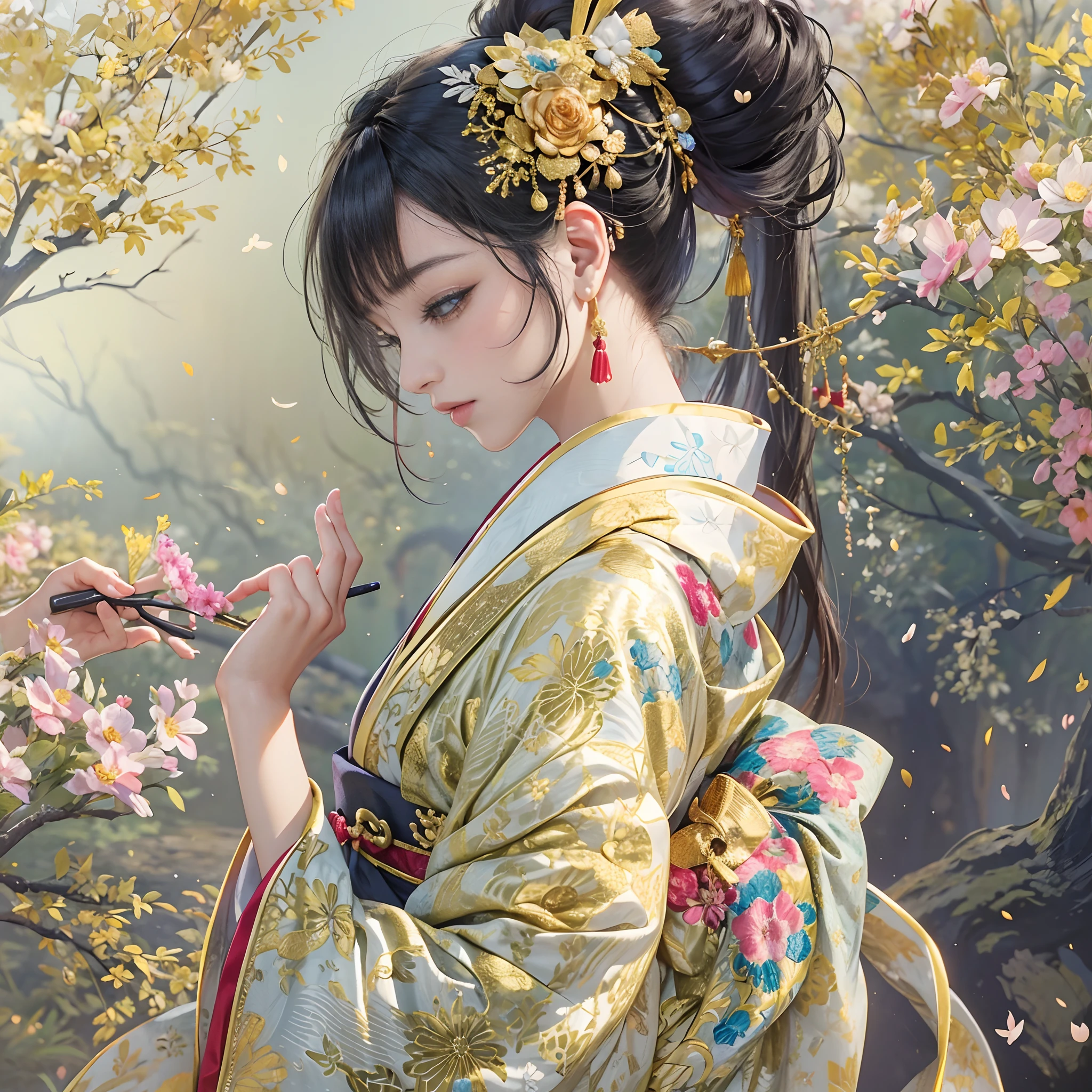 Try to give your audience a bouquet、
watching at viewers、Ancient capital and moon in the background、((dense background))、poneyTail、Woman with shiny black hair、perfect hand、BREAK {{{Luxury kimono(Colorful kimono(Detailed golden embroidery,))}}}、face perfect,Depict a beautiful and graceful woman of Japan,poneyTail,Heart in the eye。full body Esbian。 Wallpaper 8K, .Blur the background with a sickle,((masutepiece)), ((Best Quality))