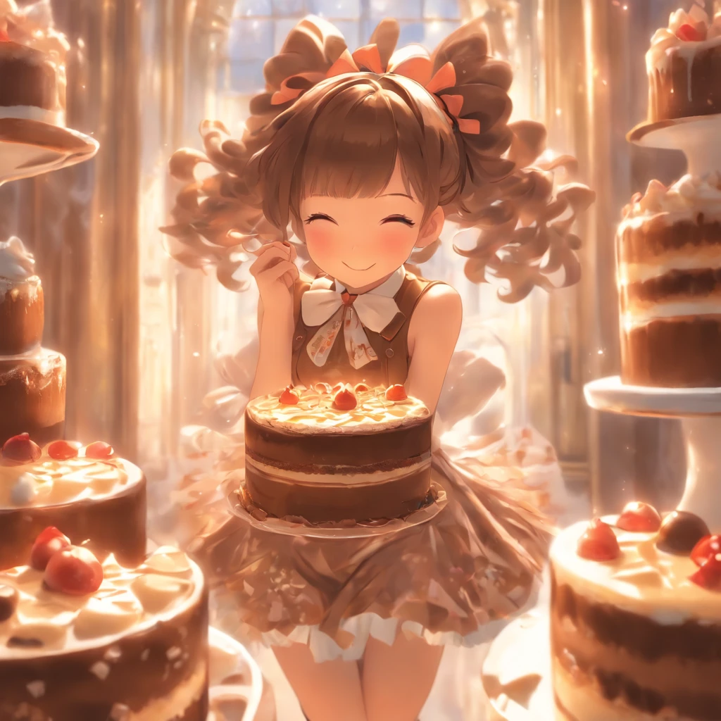 girl wearing Chocolat motif dress and gateau chocolat, chocolat cream, brown hair, cutecore --s 400 --style cute --ar 3:4