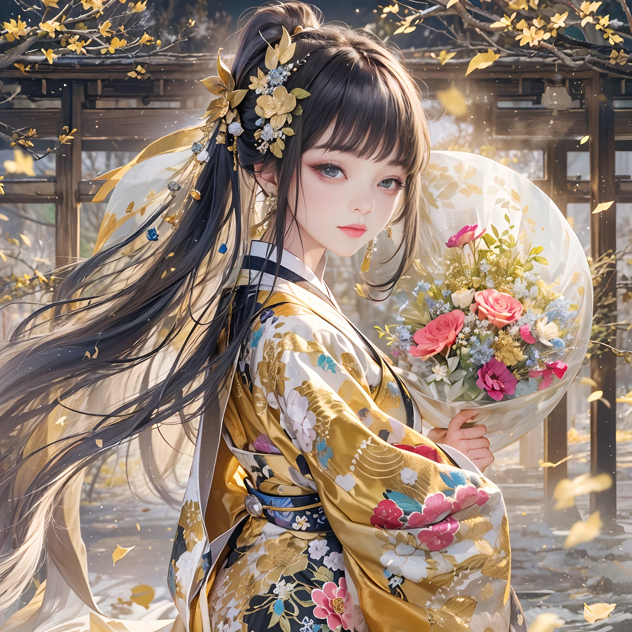 Try to give your audience a bouquet、
watching at viewers、Ancient capital and moon in the background、((dense background))、poneyTail、Woman with shiny black hair、perfect hand、BREAK {{{Luxury kimono(Colorful kimono(Detailed golden embroidery,))}}}、face perfect,Depict a beautiful and graceful woman of Japan,poneyTail,Heart in the eye。full body Esbian。 Wallpaper 8K, .Blur the background with a sickle,((masutepiece)), ((Best Quality))