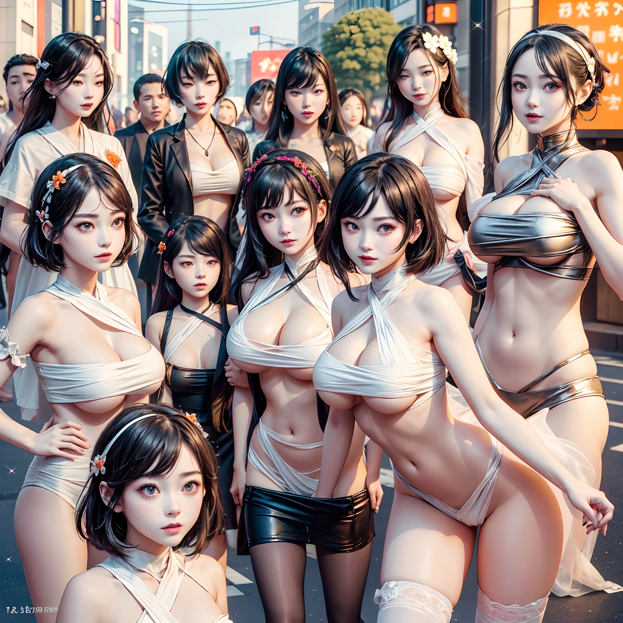 (((SFW, NSFW STILL SHOW, 12 Tiny Girls in a row:1.2, Shibuya Hachiko-mae scramble crossing on Halloween:1.2))), (masterpiece:1.2, (photorealistic:1.37)), {(Standing Full Body:1.2)|(from below:1.2)}, short silver hair, {naked bandage|tutu|School Uniform}, ((Detailed KAWAII face), Perfect eyes, {Detailed Oily Porcelain skin|Detailed glistening tanline:1.2}), {Bustling street|Crossroads|(Passerby schoolgirls)| halloween| neon}, {(Childish:1.2|Gigantic Cleavage:1.37|Underboob:1.2)}, {flower wreath|Red leather high collar}, {Floating hair|Strong wind|((Ass focus))},{(Kissing face to face)|:p|:d|laugh|sparkle|joyful|delighted},extremely Detailed,