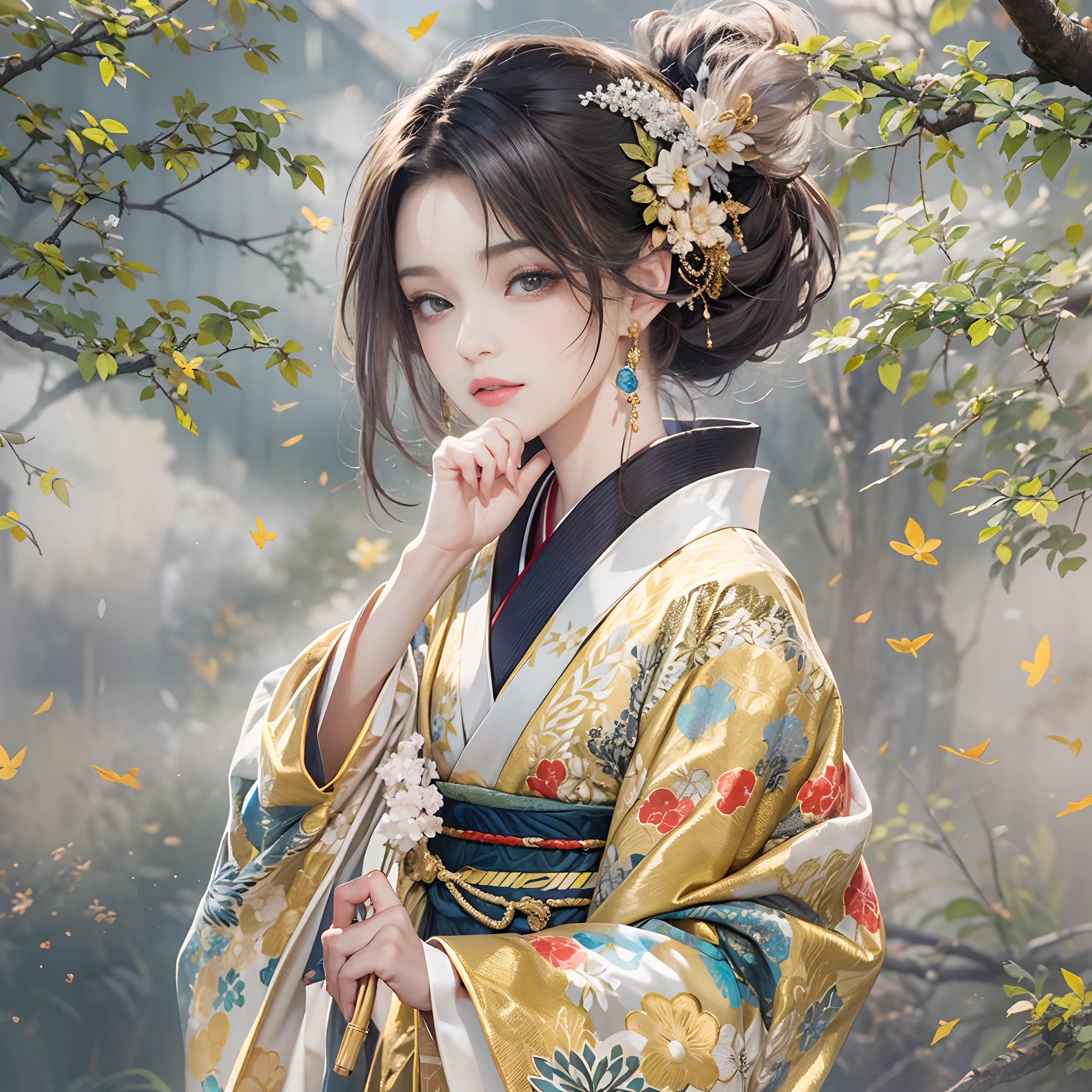 Try to give your audience a bouquet、
watching at viewers、Ancient capital and moon in the background、((dense background))、poneyTail、Woman with shiny black hair、perfect hand、BREAK {{{Luxury kimono(Colorful kimono(Detailed golden embroidery,))}}}、face perfect,Depict a beautiful and graceful woman of Japan,poneyTail,Heart in the eye。full body Esbian。 Wallpaper 8K, .Blur the background with a sickle,((masutepiece)), ((Best Quality))