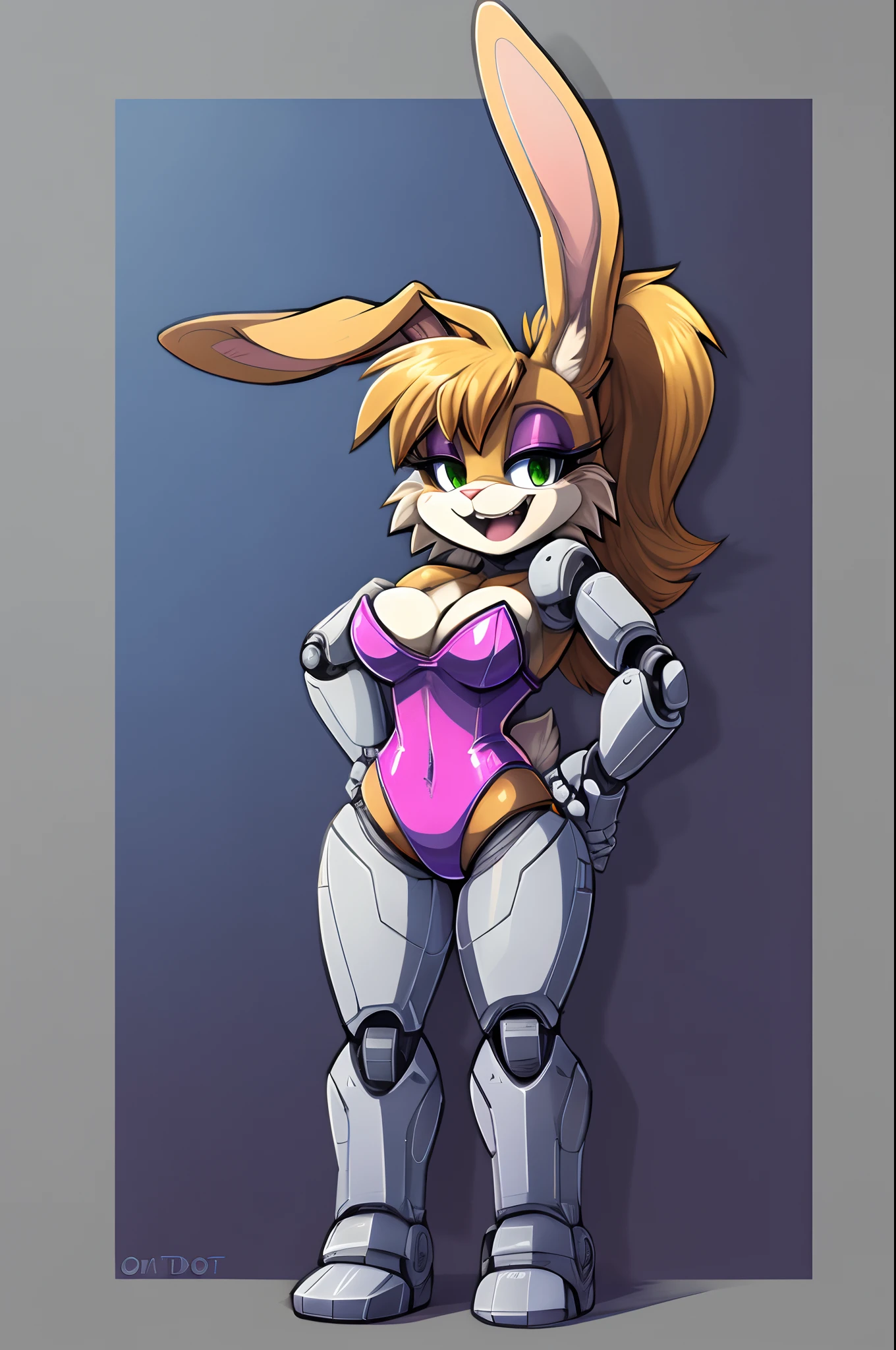 1girl, solo, long hair, breasts, looking at viewer, smile, blonde hair, gloves, animal ears, bare shoulders, closed mouth, green eyes, standing, tail, full body, alternate costume, white gloves, hand up, orange hair, rabbit ears, grin, arm up, leotard, hand on hip, strapless, makeup, alternate hairstyle, playboy bunny, half-closed eyes, clenched hand, furry, eyeshadow, strapless leotard, outline, rabbit girl, furry female, joints, white outline, body fur, animal nose, robot joints, pink leotard, Bunnie Rabbot, mechanical arm, cyborg, prosthesis, robot joints, prosthetic arm, mechanical legs, sonic the hedgehog (series), Bunnie rabbot, uploaded on e621, (((by marthedog, by naoto oshima, by omegasunburst))), (((only one mechanical arm))) full body, standing