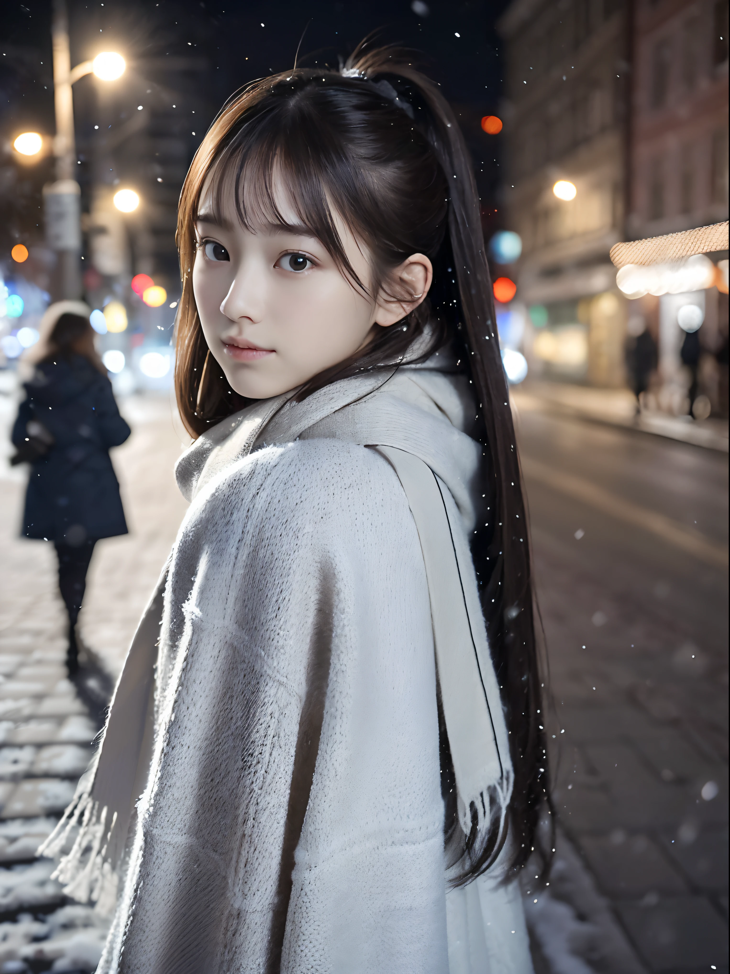 (Close-up face shot from behind of one slender girl has long hair with dull bangs and a gray scarf white winter coat in winter uniform:1.5)、(One girl turned around with very sad face and her hair flutter in the wind :1.5)、(Snowing winter night street corner with Christmas lights:1.5)、(Perfect Anatomy:1.3)、(No mask:1.3)、(complete fingers:1.3)、Photorealistic、Photography、masutepiece、top-quality、High resolution, delicate and pretty、face perfect、Beautiful detailed eyes、Fair skin、Real Human Skin、pores、((thin legs))、(Dark hair)