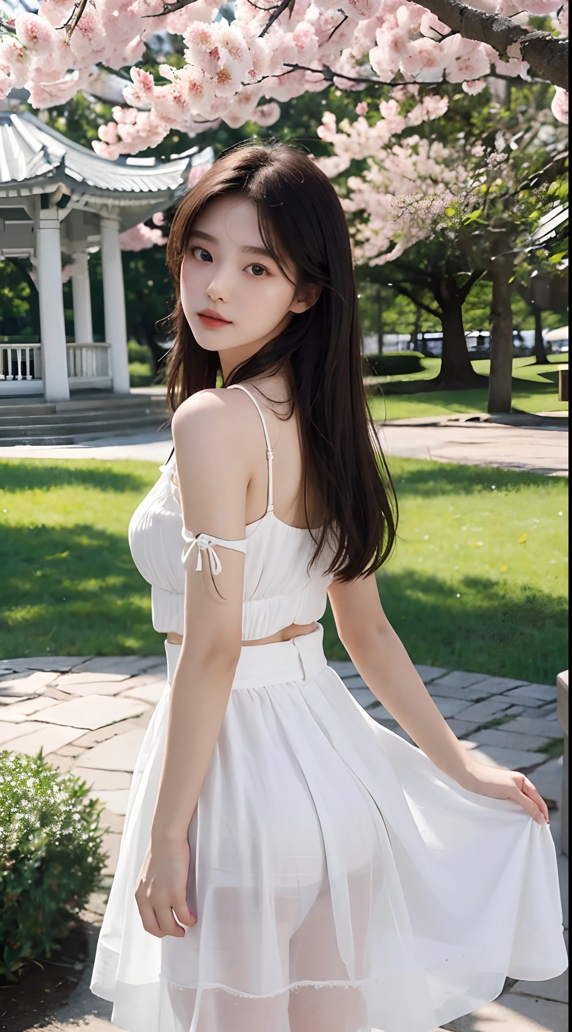 (Best quality, Masterpiece，16k), 1girll, Korean girl，18yr old，Absolutely beautiful, Amazing, In the park，Clear lake，gazebo，Under the peach blossoms，Noble,perfect bodies, Perfect face shape，Charming eyes，Bright big eyes，二重まぶた，Long eyelashes，sensual lip，White skin，The gauze skirt flew up，Very real，goodlooking，Ethereal beauty