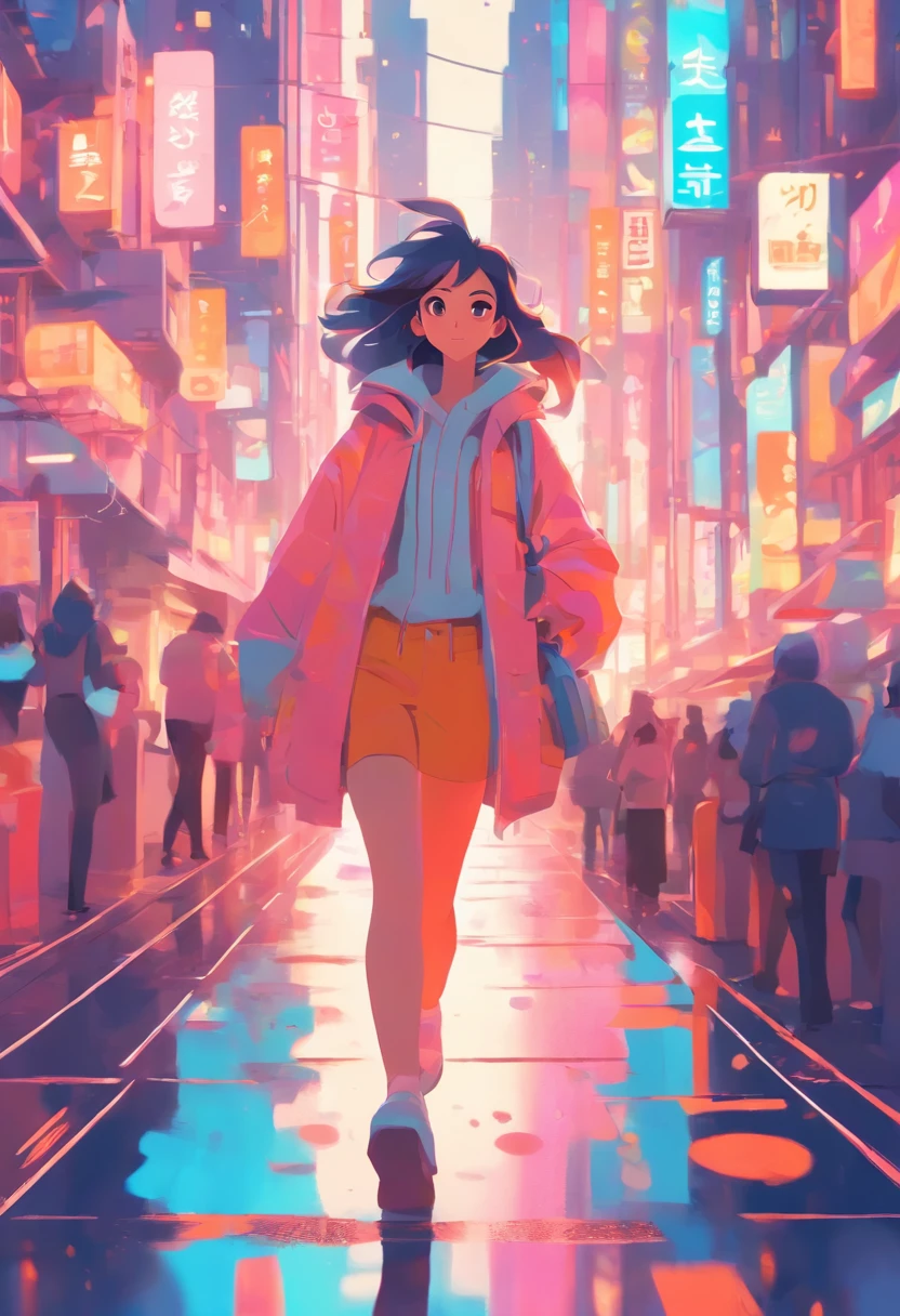 illustration of a woman walking through a city with various objects, editorial illustration pastelcolor, in style of james gilleard, illustration style, james gilleard artwork, flat illustration, in style of digital illustration, magazine illustrations, editorial illustration, digital illustration -, #illustration, magazine illustration, inspired by James Gilleard, modern illustration, illustration | rutkowski, stylized digital illustration