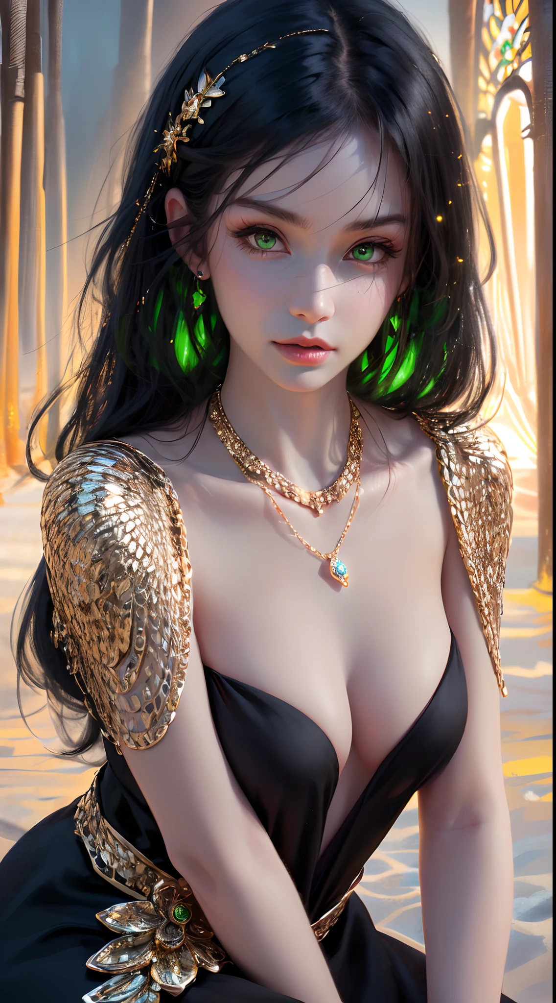 1 beautiful young princess, ((beautiful princess no longer a :1.8)), ((wearing a black armored dress with gold trim in ancient hanfu style:1.6)), (((Exquisite patterns on the skirt:1.6))), ((braided hair with long black bangs: 1.6)), ((long bangs:1.6)), ((hair jewelry:1.9)), ((upper body gold jewelry:1.9)), ((Very delicate gold necklaces:1.7)), ((earrings with emeralds:0.8)), noble, noble style of an extremely beautiful girl, super cute little face, very pretty face, fur thin eyebrows, flawless beautiful face, ((black eye pupils: 0.8)), very beautiful eyes, ((green eyes eyes: 1.6)), beautiful makeup and detailed hairdo, eyelashes, eye makeup wet, high nose, earrings, red lips, ((closed mouth: 1;5 )) beautiful lips, slim hands, ((arms spread out to the sides: 1.7)), rosy face, clean face, flawless beautiful face, smooth white skin, firm breasts, nice cleavage, ((super big and round breasts: 1.6)), beautiful breasts, perfect body, ((Sit back and puff out your chest, arms behind you:1.6)), 8k photos, super high quality, super realistic, super 10x pixels, optical, bright studio, bright edges, two-tone lighting, (high detail skin:1.2), super 8k, soft lighting , high quality, volumetric light, optical, optical high resolution, light, best photo, 4k, 8k quality, blur effect, smooth sharpness, 10 x pixels, ((beach at night background:1.5)), aurora, lightning, super realistic graphics, most realistic graphics, alone, solo, Extremely sharp, surreal images, (((frontal portrait: 1.3)))."
