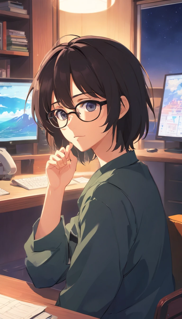 old,Libido boy,Shota,Black color hair,black shirt,Square glasses,apathy,long whitr hair,with long bangs,messed up hair,Without background,sketching,In the room,Rental housing