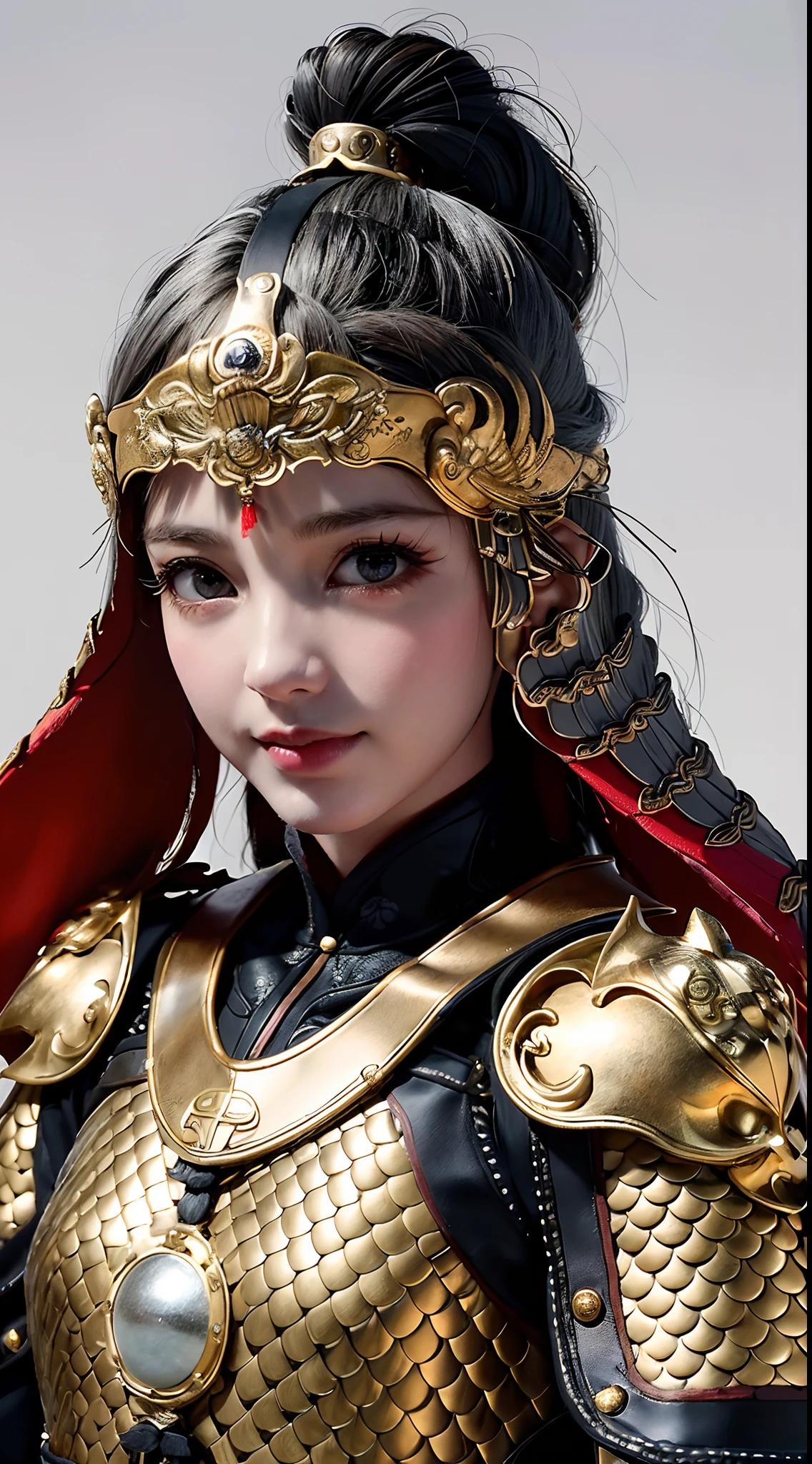 ((medium bSymmetrical, high-detail original color photo professional close-up, [ : (high-detail face: 1.2) : 0.1] , (PureErosFace v 1:0.8) , ((body portrait)), pores, real skin,  hair band, flying hair, (grey hair 0.4) , ancient headdress, hairpin, smile, affectionate eyes, sparkling eyes, beautiful scene, shadow, Backlight, natural light, obscurity Lens, hard focus, film particles, shooting photos, portrait photos,zskuijia,Chinese armor,sword, Chinese architecture,Circle, Totem, Mythical Animals,Breastplate