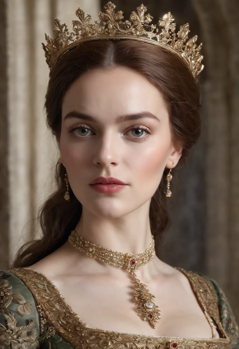 (Best quality,ultra-realistic:1.2),A high resolution,Ultra-detailed,portrait,Wife of King Henry VIII,Toile de fond urbaine,Beaux yeux expressif,beautiful detailed lips,espagnole, cheveux sombre, Beautiful and elegant personality,Sumptuous dress outfit as well as the hairstyle of his time that reflects the royal status. religieux, foi catholique. Tenez-vous en confiance, glowing lighting,Couleurs olives,Sculpted skin,Joaillerie,colliers croix catholique,Contexte historique,Calm and powerful manners,Dark black and gold color scheme,maquillage naturel,glowing complexion,Ornate crown,Royal and elegant presence,Expression sereine,Improve facial features,Des cheveux de luxe fluides.Face to face the screen. Gaze fixed on the screen.
