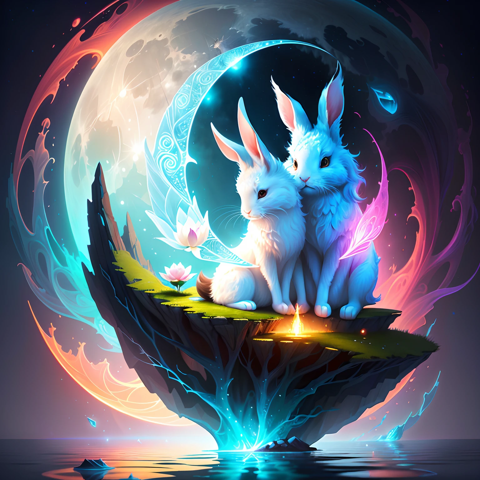 There is a rabbit sitting on a rock in the middle of the lake,Fantastic transparent ethereal free,Huge Full Moon,lotus flower,Lotus leaf, Beeple and Jeremiah Ketner, Realistic fantasy illustration, A beautiful artwork illustration, Inspired by Cyril Rolando, digital fantasy illustration, whimsical fantasy landscape art, detailed fantasy digital art, fantasy digital painting, In the style of Cyril Rolando, 4k highly detailed digital art, magic fantasy highly detailed