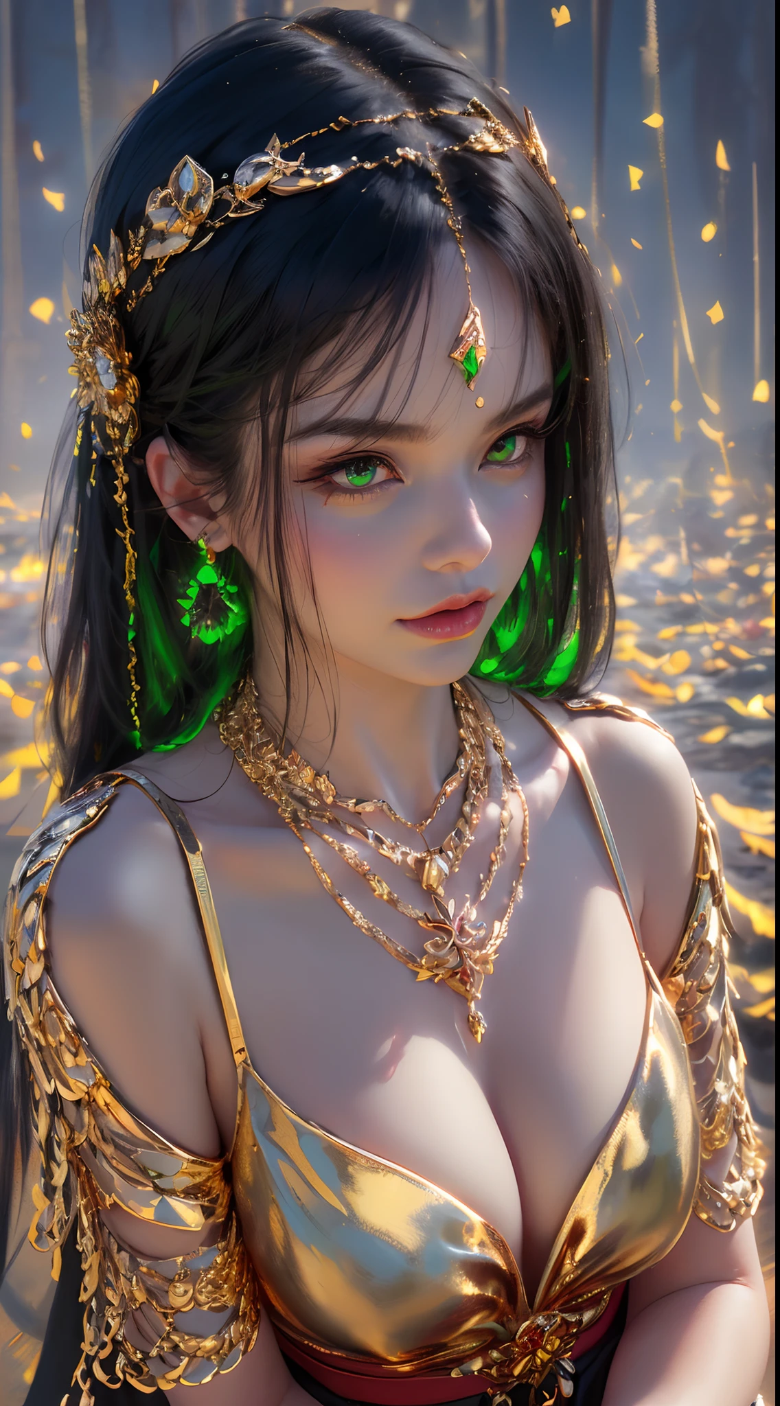 1 beautiful young princess, ((beautiful princess no longer a child:1.8)), ((wearing a black armored dress with gold trim in ancient hanfu style:1.6)), (((Exquisite patterns on the skirt:1.6))), ((braided hair with long black bangs: 1.6)), ((long bangs:1.6)), ((hair jewelry:1.9)), ((upper body gold jewelry:1.9)), ((Very delicate gold necklaces:1.7)), ((earrings with emeralds:0.8)), noble, noble style of an extremely beautiful girl, super cute little face, very pretty face, fur thin eyebrows, flawless beautiful face, ((black eye pupils: 0.8)), very beautiful eyes, ((green eyes eyes: 1.6)), beautiful makeup and detailed hairdo, eyelashes, eye makeup wet, high nose, earrings, red lips, ((closed mouth: 1;5 )) beautiful lips, slim hands, ((arms spread out to the sides: 1.7)), rosy face, clean face, flawless beautiful face, smooth white skin, firm breasts, nice cleavage, ((super big and round breasts: 1.6)), beautiful breasts, perfect body, ((Sit back and puff out your chest, arms behind you:1.6)), 8k photos, super high quality, super realistic, super 10x pixels, optical, bright studio, bright edges, two-tone lighting, (high detail skin:1.2), super 8k, soft lighting , high quality, volumetric light, optical, optical high resolution, light, best photo, 4k, 8k quality, blur effect, smooth sharpness, 10 x pixels, ((beach at night background:1.5)), aurora, lightning, super realistic graphics, most realistic graphics, alone, solo, Extremely sharp, surreal images, (((frontal portrait: 1.3)))."