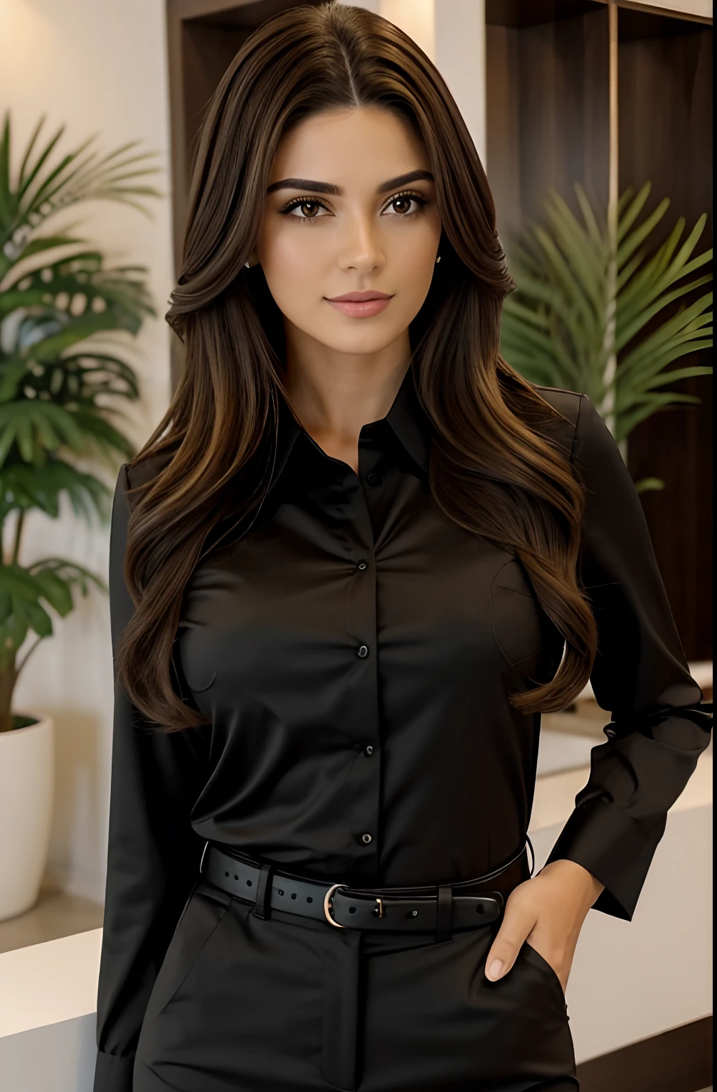 1 mulher adulta, cabelo comprido, cabelo cacheado, cabelo cor preto, pele suave, olhos castanhos, sorrir, vegetation, Occasional, Businesswoman style clothes, blaser marrom claro, realista, com fundo em um restaurante chique, 8k super realista, super detalhado e realista