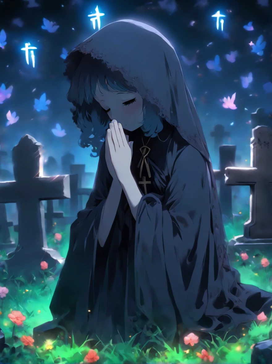 Girl wearing mourning clothes and praying at the grave, Rest in peace, cross, black veil, close eyes, tombstone --s 400 --style cute --ar 3:4