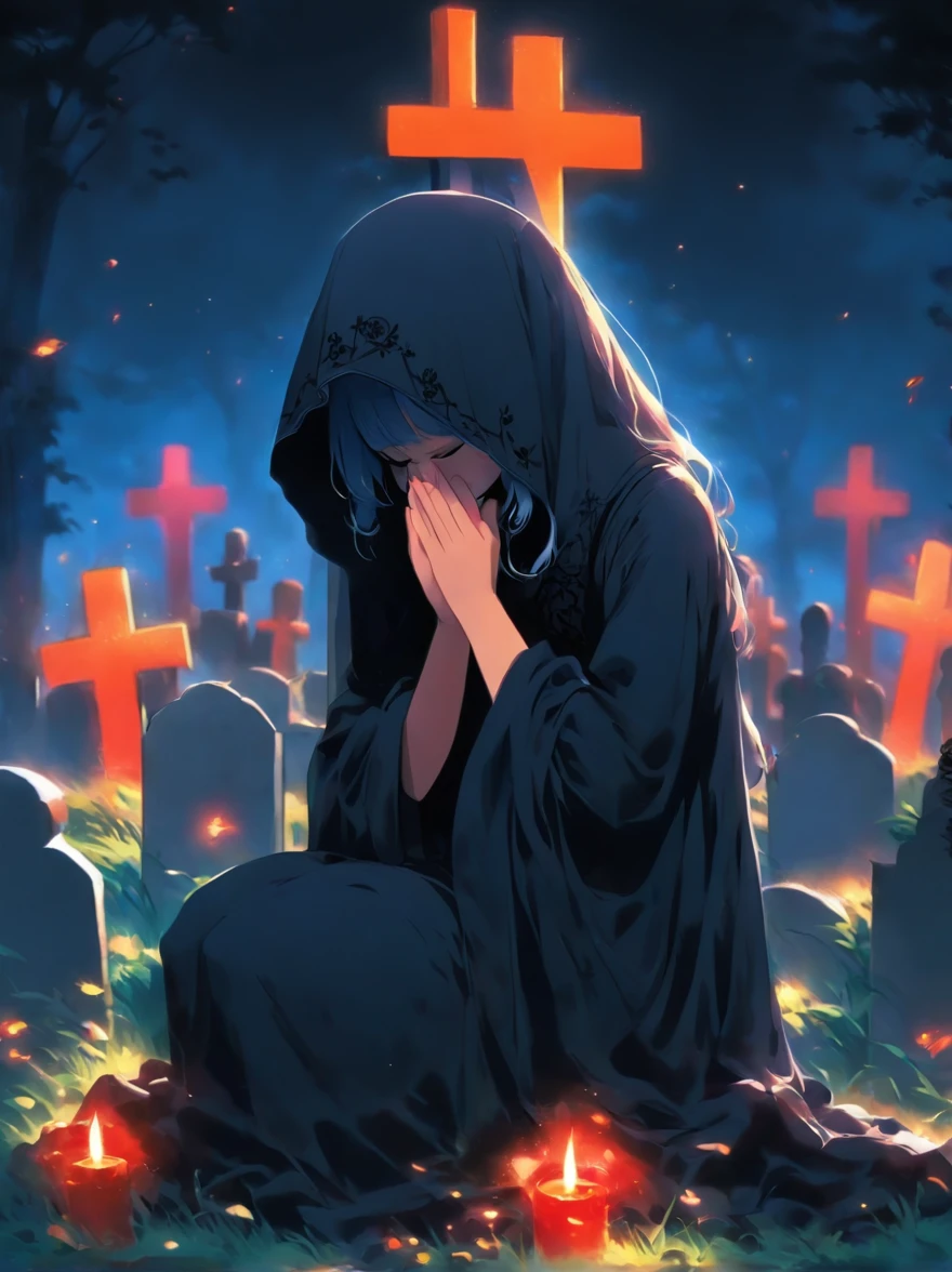 Girl wearing mourning clothes and praying at the grave, Rest in peace, cross, black veil, close eyes, tombstone --s 400 --style cute --ar 3:4