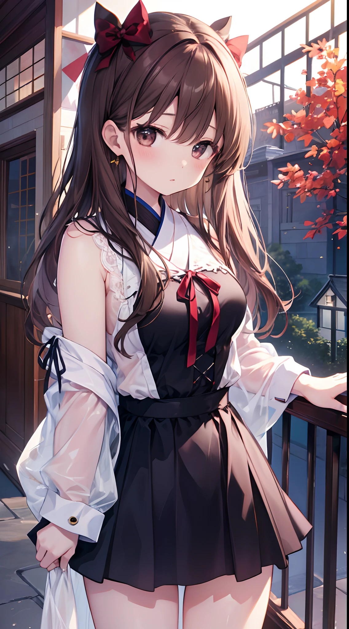A high resolution、masterwork、Chizuru Ichinose、Brown hair、soio、Female one、outside of house、细致背景、A detailed eye、((with brown eye)),Beautiful perfect legs, Clean and perfect hands