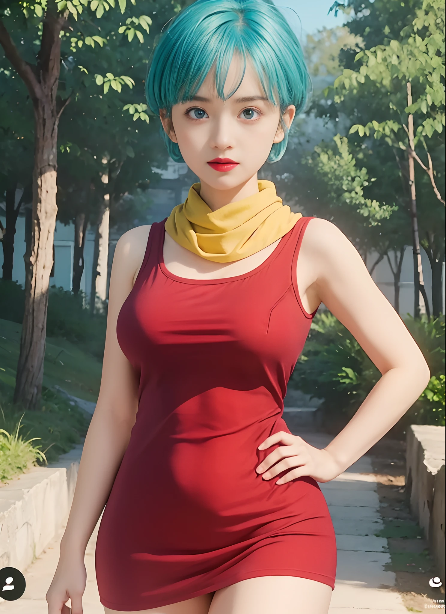 (8k, RAW photos, top quality, masterpiece: 1.2), (realistic, photorealistic: 1.37), (High Quality), (Ultra realistic), (High Details), (Face detail), (Shadow Detail), (big breast : 1.7), wide hips, big butt, 1 girl, solo, blue hair, short hair, eyeliner, eyeshadow, blush, make-up, red lips, light blue eyes, red shirt, bulma