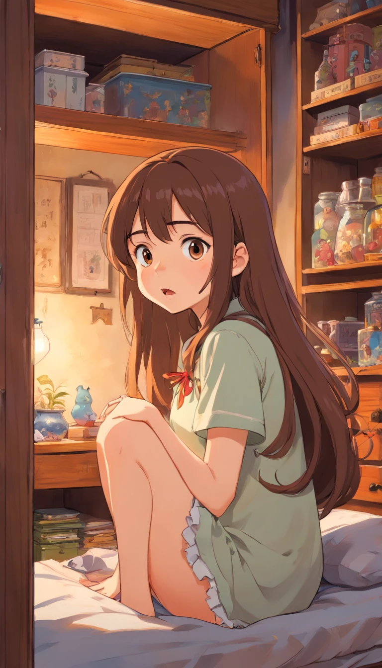 A girl with a long brown hair,sitting in bed,messy room,shock face,cabinet in a girl back little bit open.