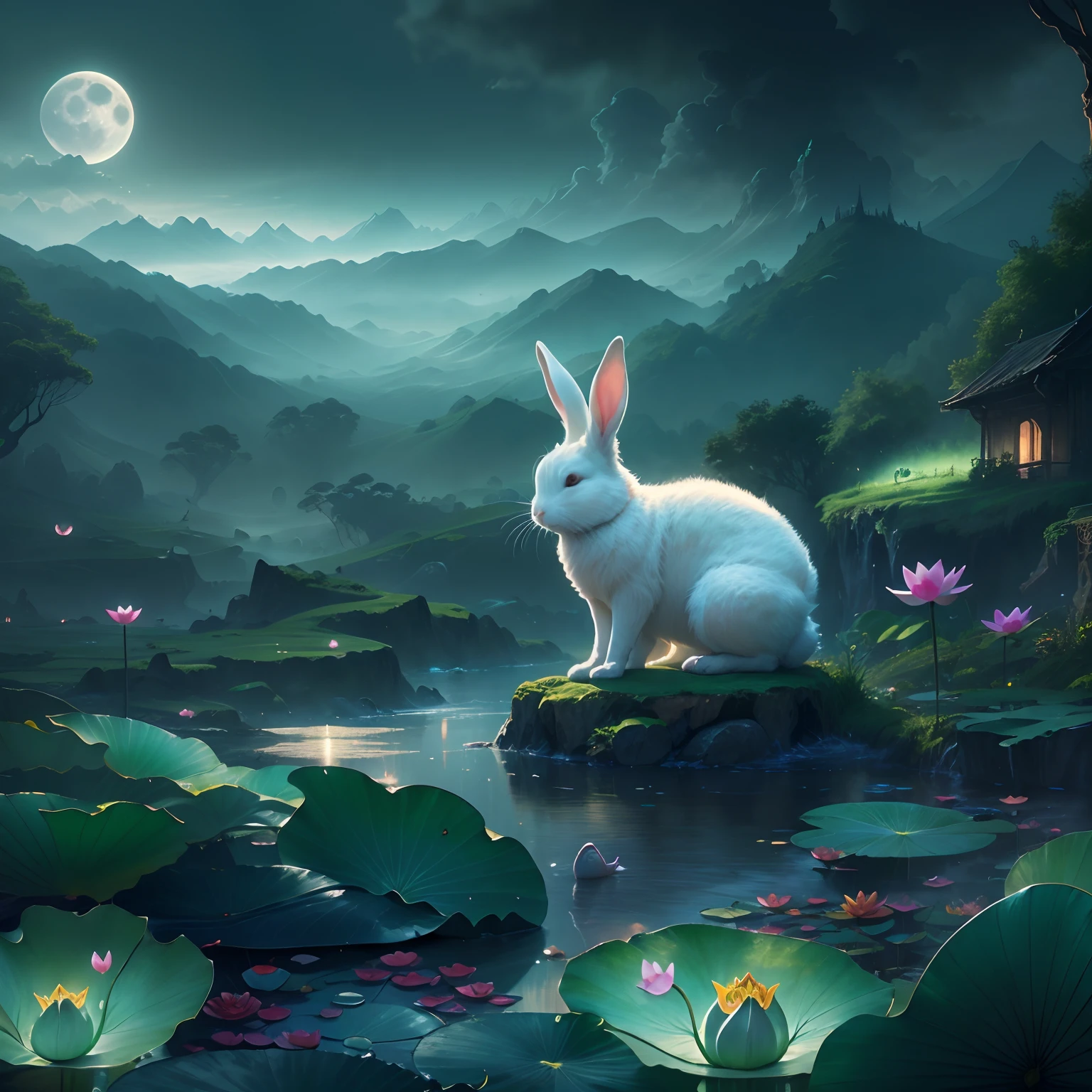 Huge Full Moon，Translucent ethereal animal rabbit，lotus flower，Lotus leaf，Green mountains in the distance，Foggy landscape，tmasterpiece，high qulity，UHD resolution，Reasonable composition，16k,hyperrealistic fantasy art，Epic, Beautiful dream art，Epic digital dream art illustration