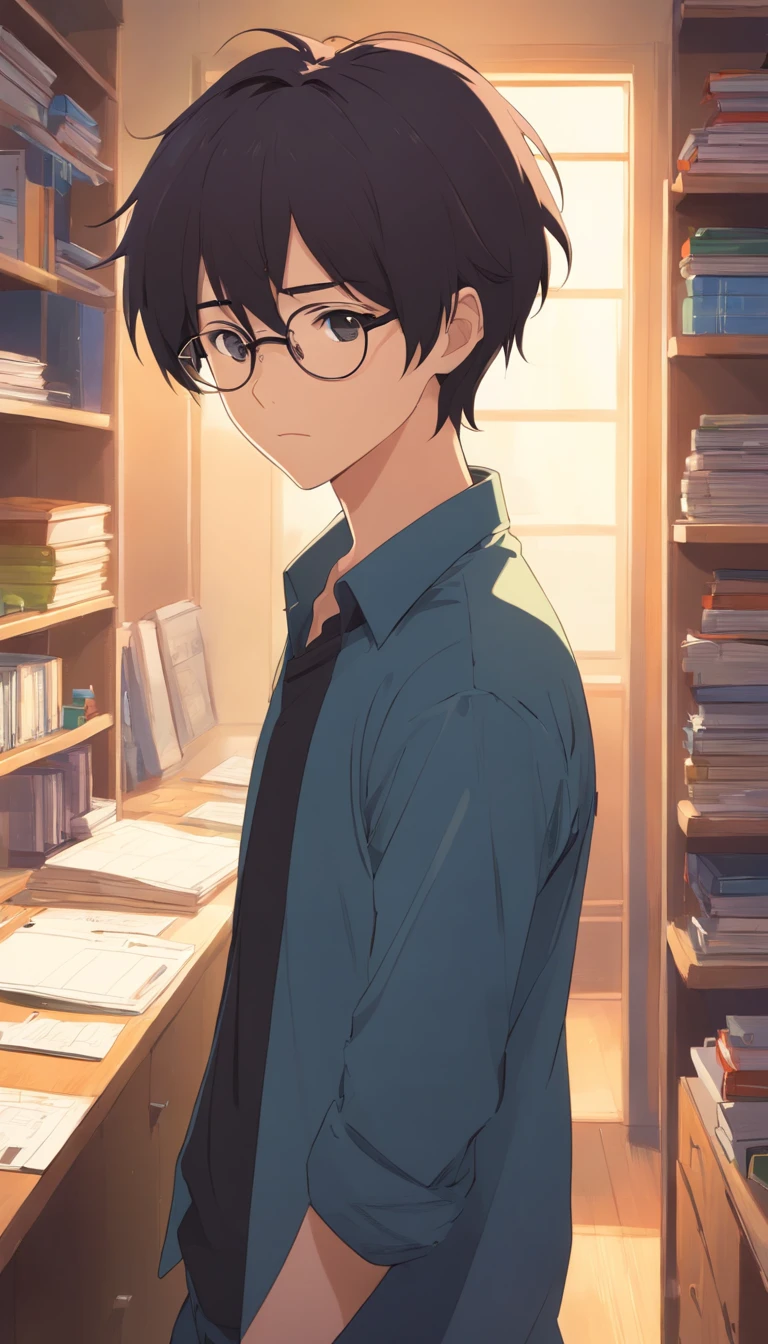 16 yaers old,Libido boy,Shota,Black color hair,black shirt,Square glasses,apathy,long whitr hair,with long bangs,messed up hair,Without background,sketching,In the room