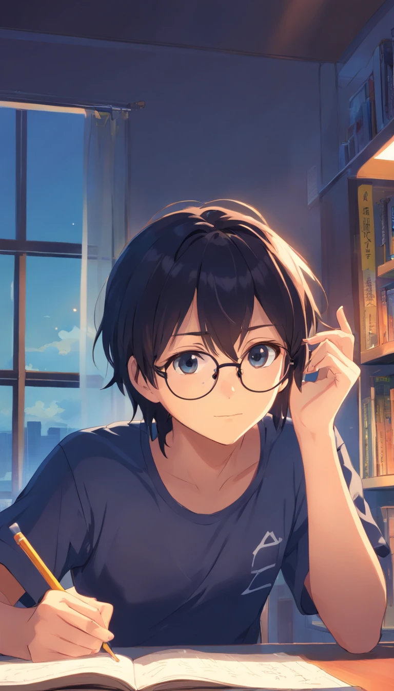 old,Libido boy,Shota,Black color hair,black shirt,Square glasses,apathy,long whitr hair,with long bangs,messed up hair,Without background,sketching,In the room