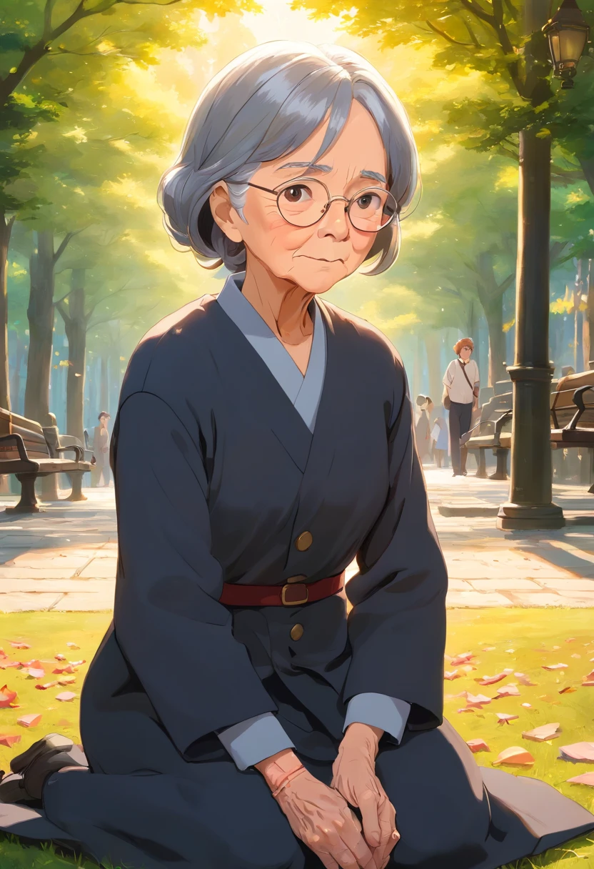 an old woman wearing black and gray uniform, fell on the ground in a park, sunny camera view low angle, wide shot, (best quality, 4k, 8k, highres, masterpiece:1.2), ultra-detailed, realistic:1.37, HDR, UHD, studio lighting, extreme detail description, professional, vivid colors, bokeh, portraiture, oil on canvas, contrasting colors, warm tones, soft lighting